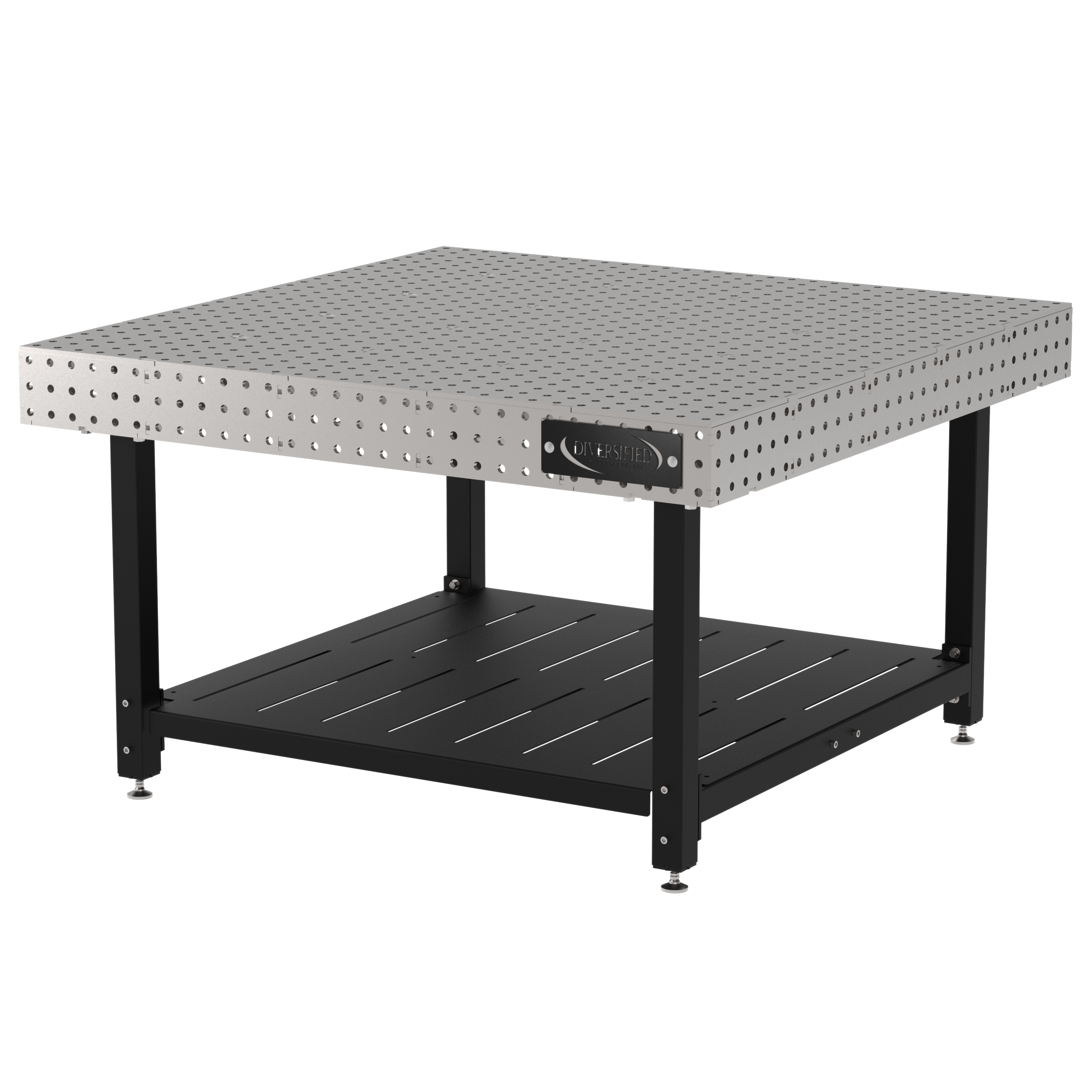 Welding Fixture Table, Fixed Height, 36"H x 60"L x 60"D, 1/4" Carbon Steel Top, Four Black Powdercoat Legs, Shelf, Self-Leveling Feet