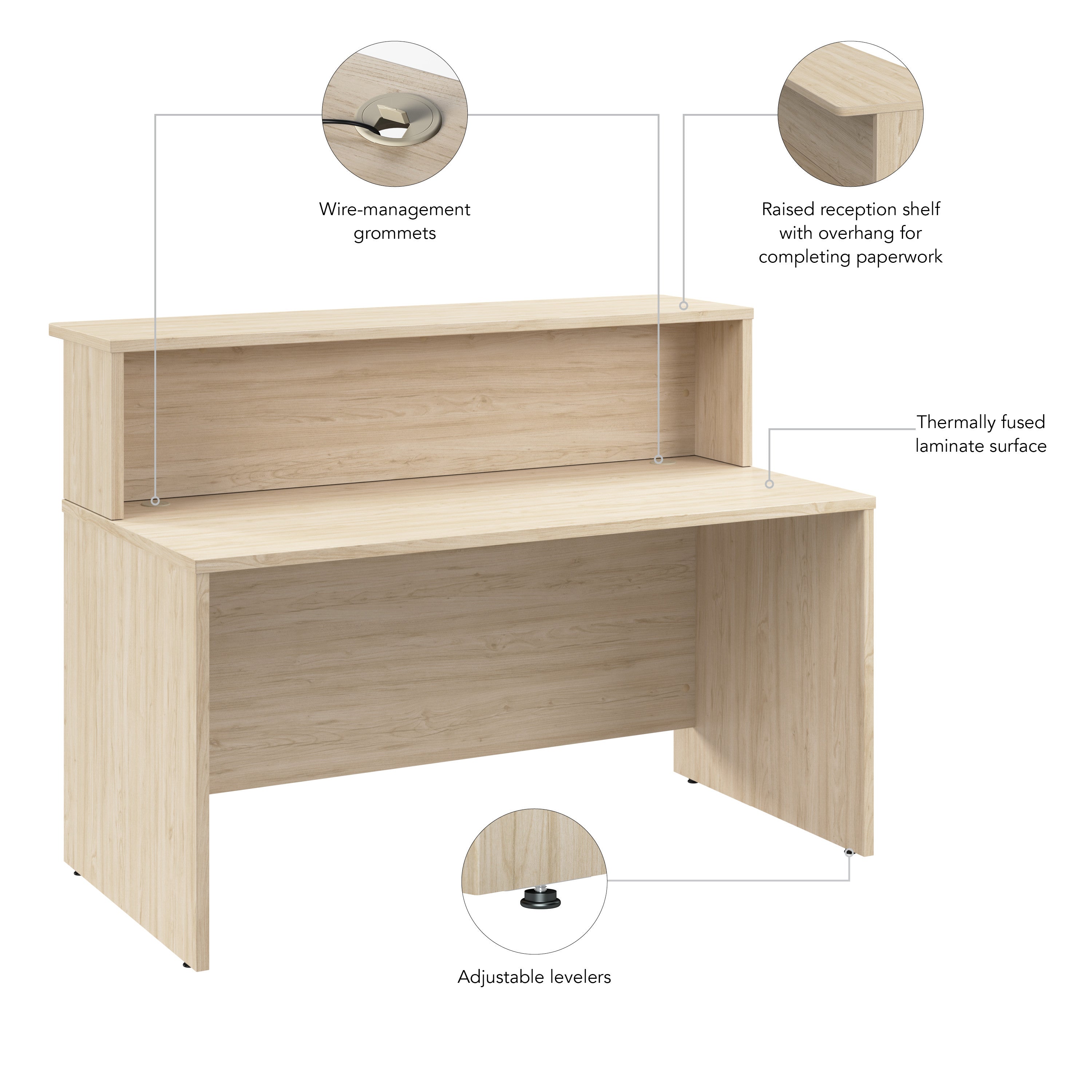 Bush Business Furniture Arrive 60W x 30D Reception Desk with Shelf in Natural Elm - 59.45" Width x 29.37" Depth x 43.71" Height
