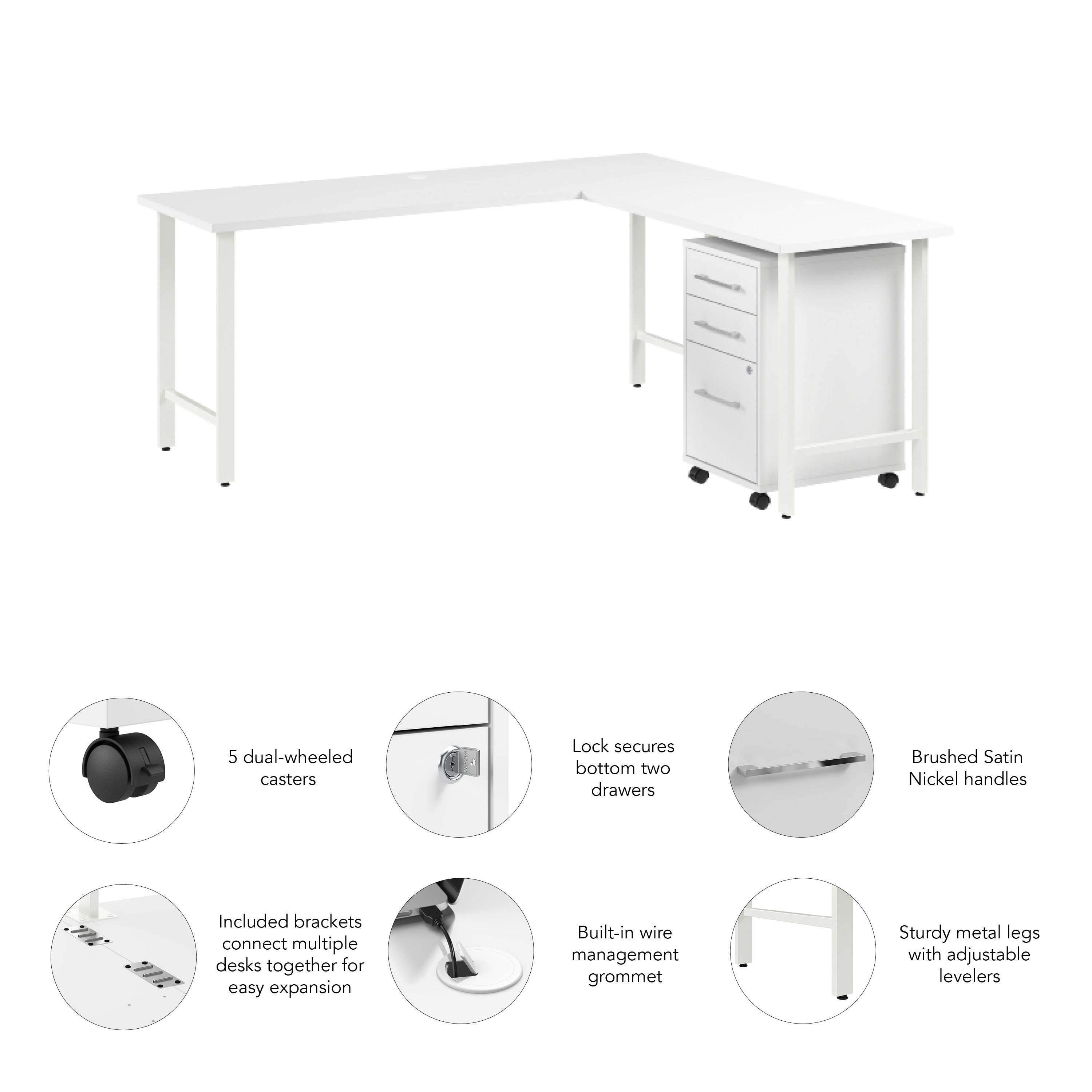 Bush Business Furniture Hustle 72W x 24D L Shaped Computer Desk with 3 Drawer Mobile File Cabinet in White - 71.02" Width x 65.3" Depth x 30.07" Height
