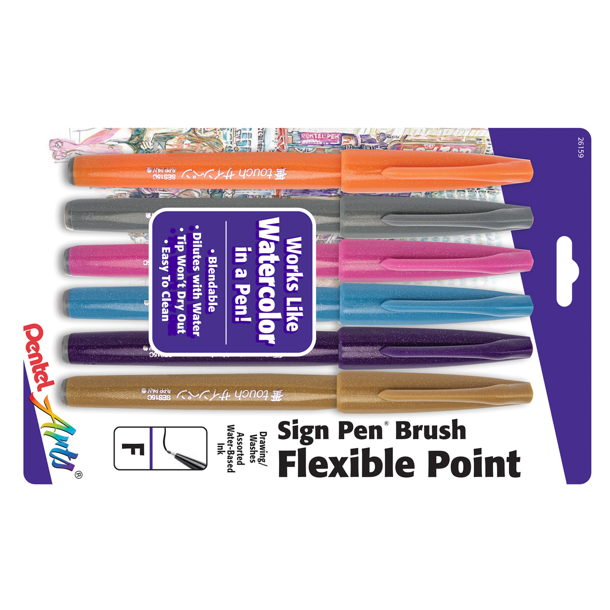Sign Pen Brush Tip, Assorted Colors, 6-Pack, Fashion Colors