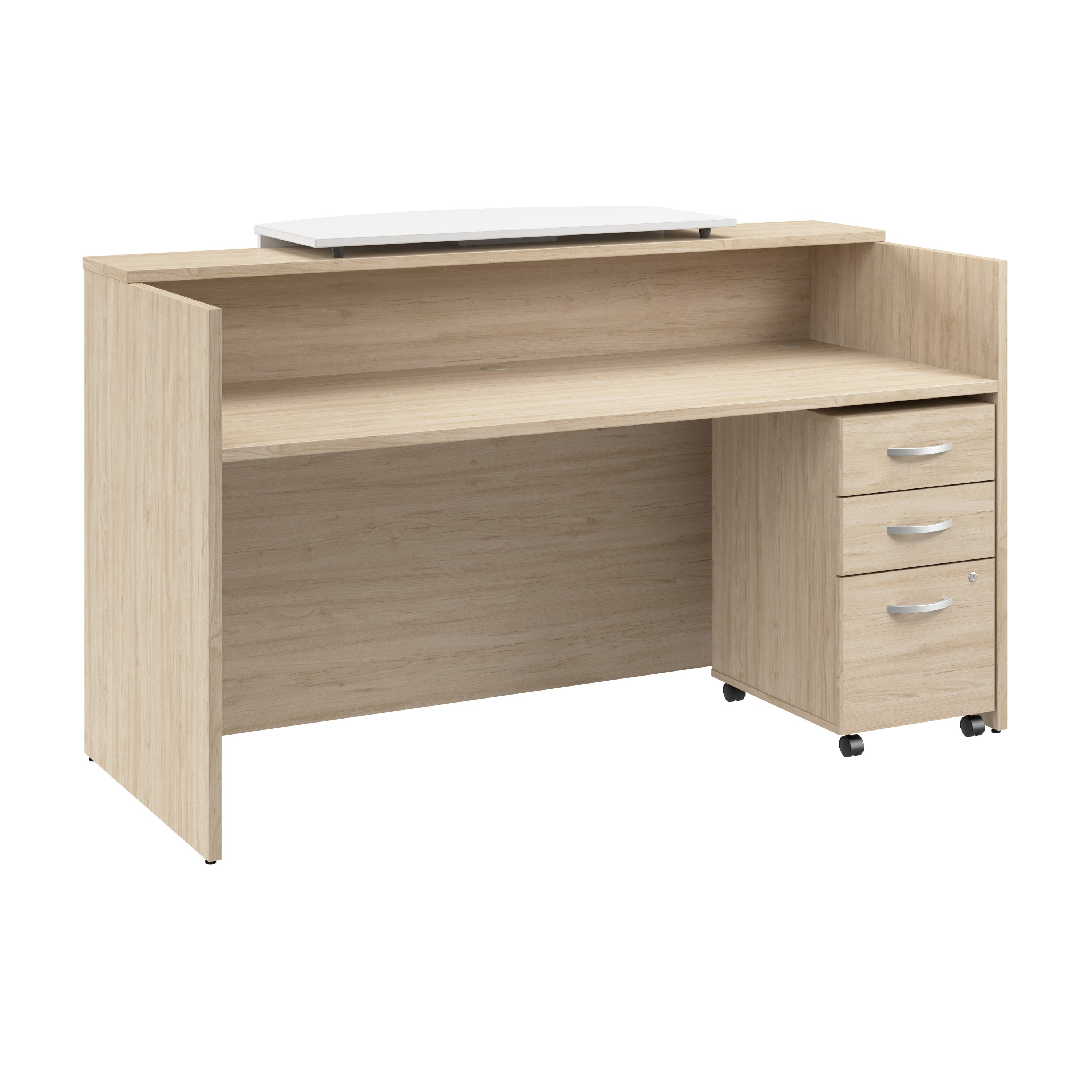 Bush Business Furniture Arrive 72W x 30D Reception Desk with Counter and Mobile File Cabinet in Natural Elm - 71.02" Width x 29.49" Depth x 40.35" Height