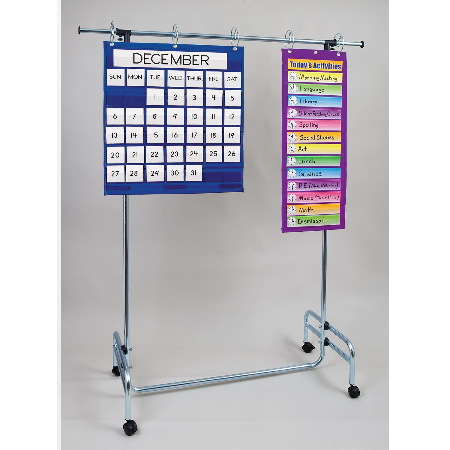 Adjustable Pocket Chart Stand, Metal, Locking Casters, Adjustable to 78", 1 Stand