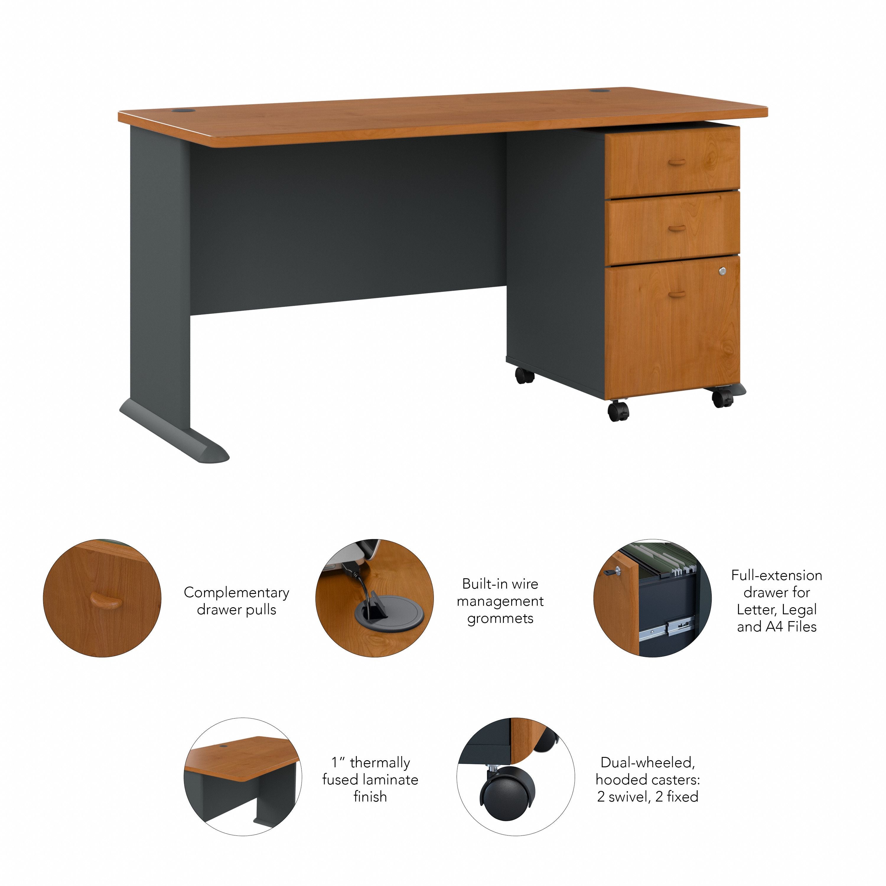 Bush Business Furniture Series A 60W Desk with Mobile File Cabinet in Natural Cherry and Slate - 59.57" Width x 26.81" Depth x 29.66" Height