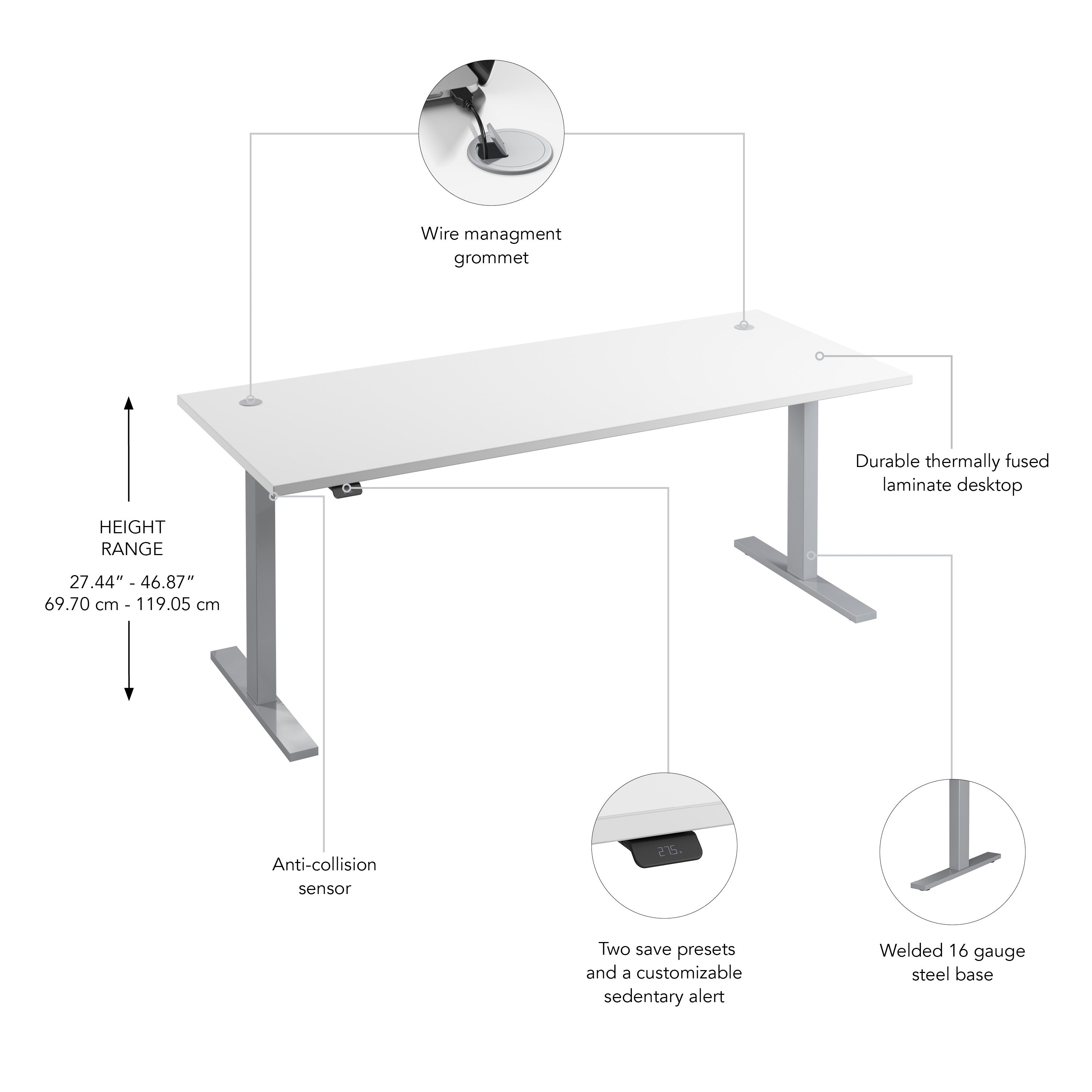 Bush Business Furniture Move 60 Series 72W x 30D Electric Height Adjustable Standing Desk in White with Metallic Gray Base - 71.02" Width x 29.37" Depth x 47.69" Height