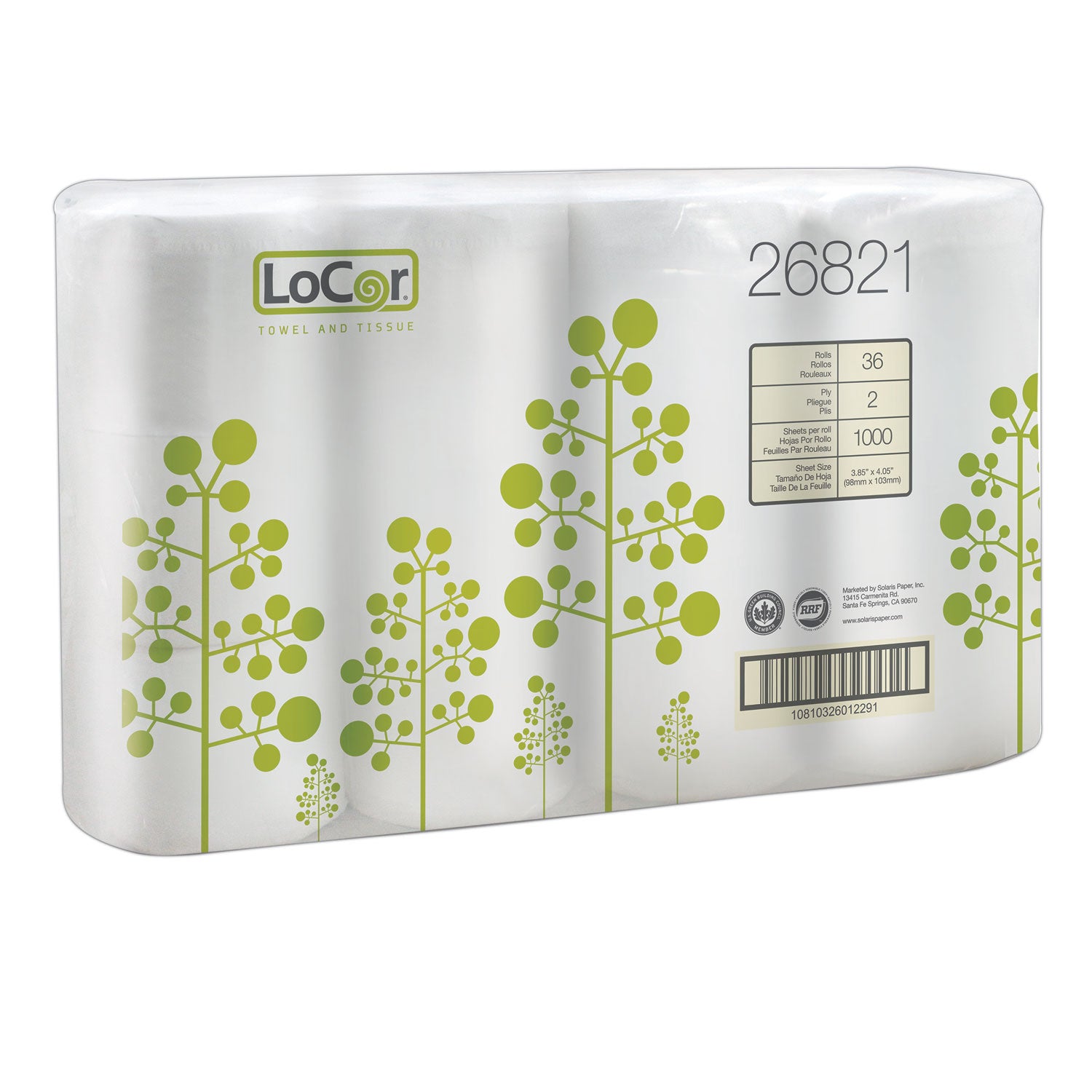 LoCor Bath Tissue, 2 Ply, 3.85" x 4.05", White, Virgin Fiber, 36 Rolls per Carton