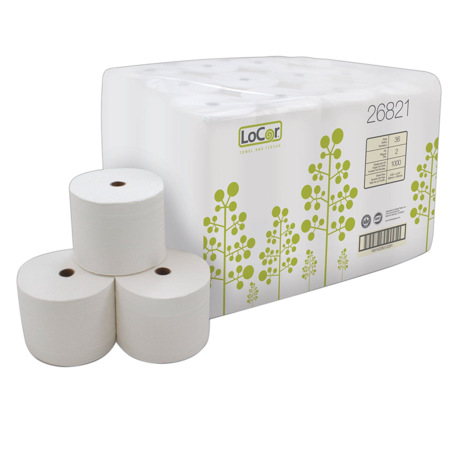 LoCor Bath Tissue, 2 Ply, 3.85" x 4.05", White, Virgin Fiber, 36 Rolls per Carton