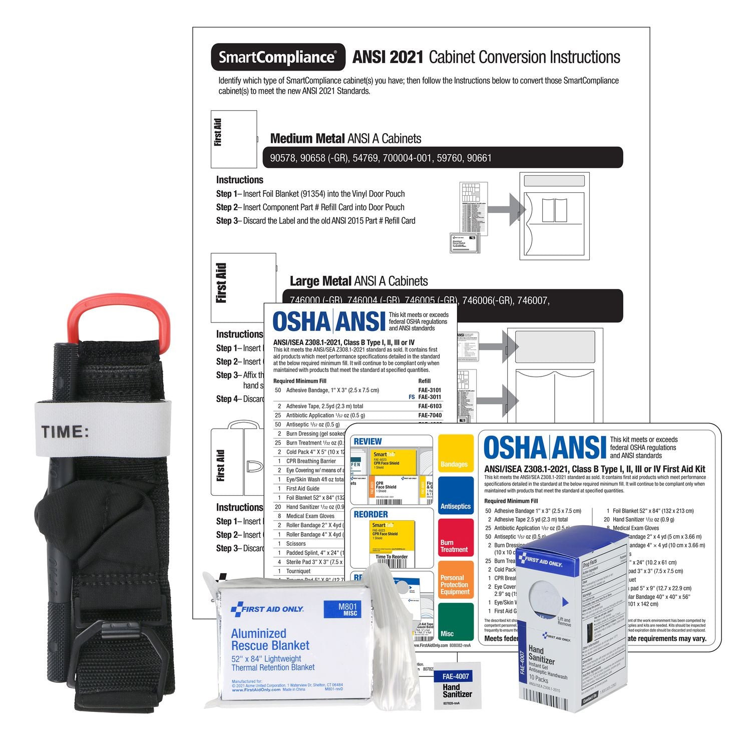 First Aid Only SmartCompliance 2021 Conversion Kit, Clear, 1 Each, Includes Windlass Tourniquet, Emergency Blanket, 10 Hand Sanitizers, ANSI B 2021 Labels and Contents Card