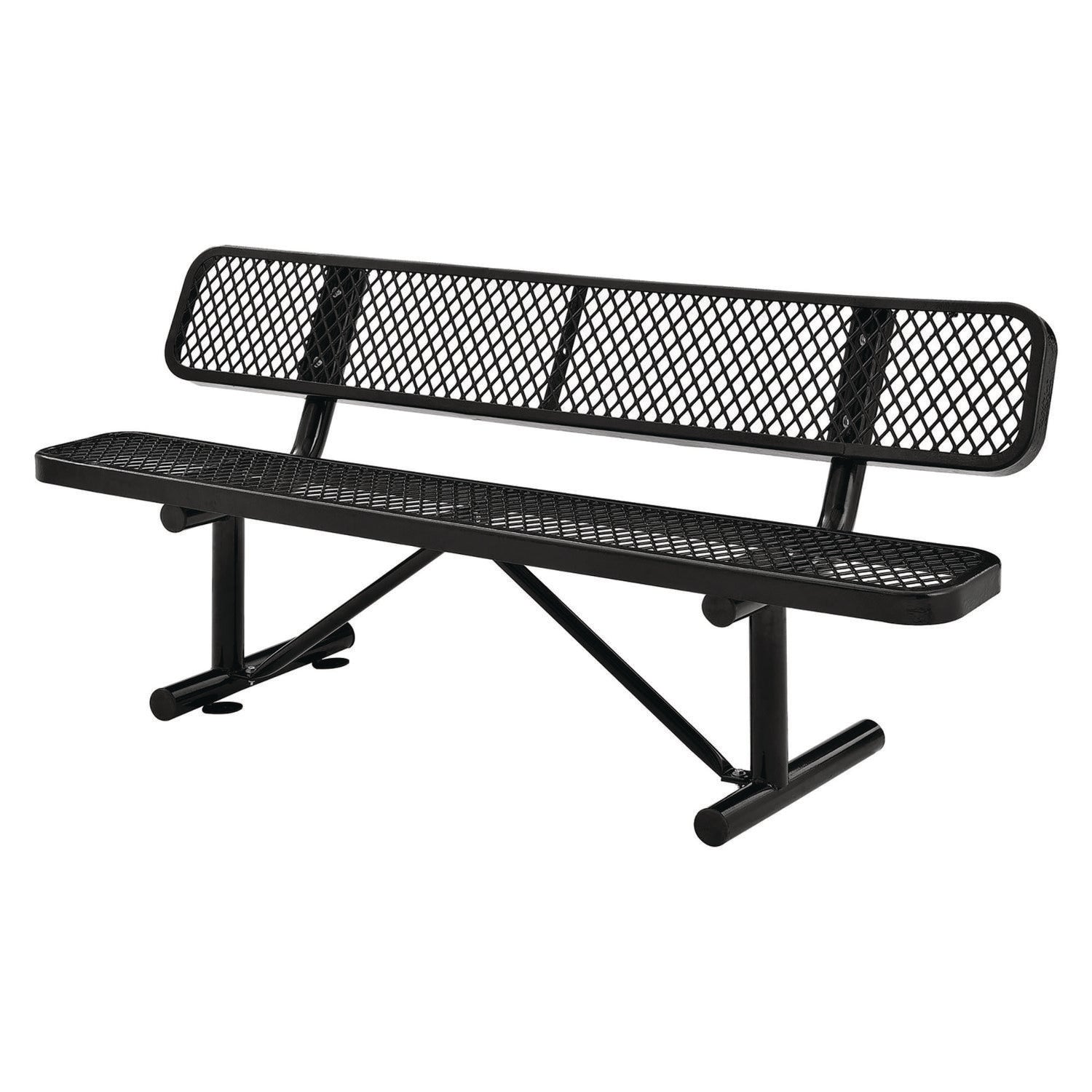 Expanded Steel Bench With Back, 72" x 24" x 33", Black Seat/Back, Black Base