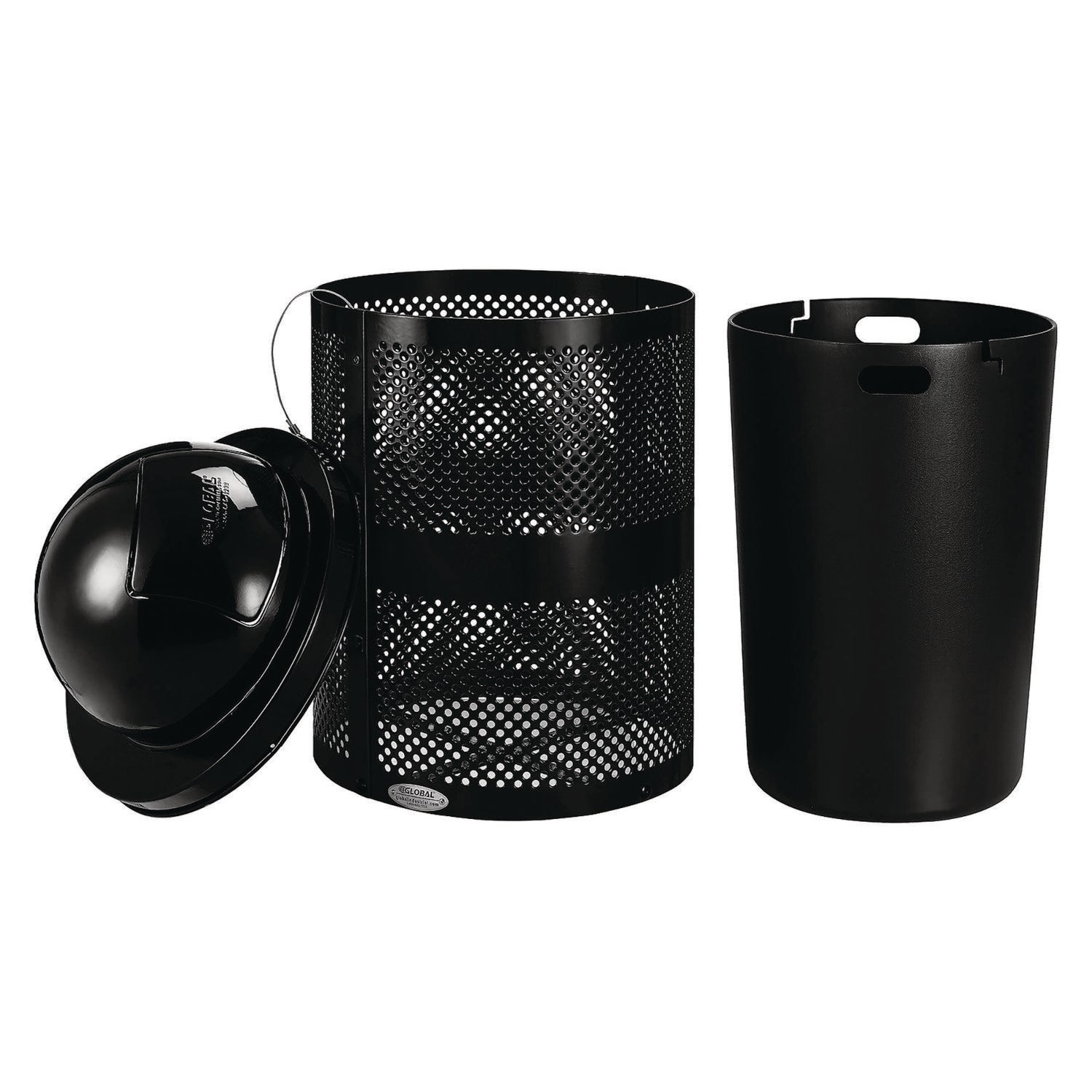 Outdoor Perforated Steel Trash Can with Dome Lid, 36 gal, Steel, Black