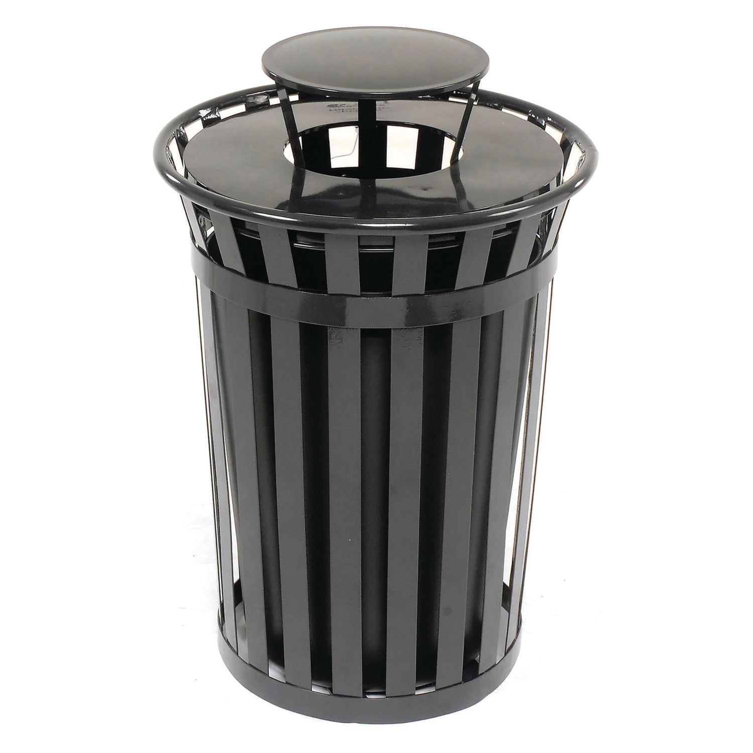 Outdoor Slatted Steel Trash Can, Rain Bonnet Lid, 36 gal, Black