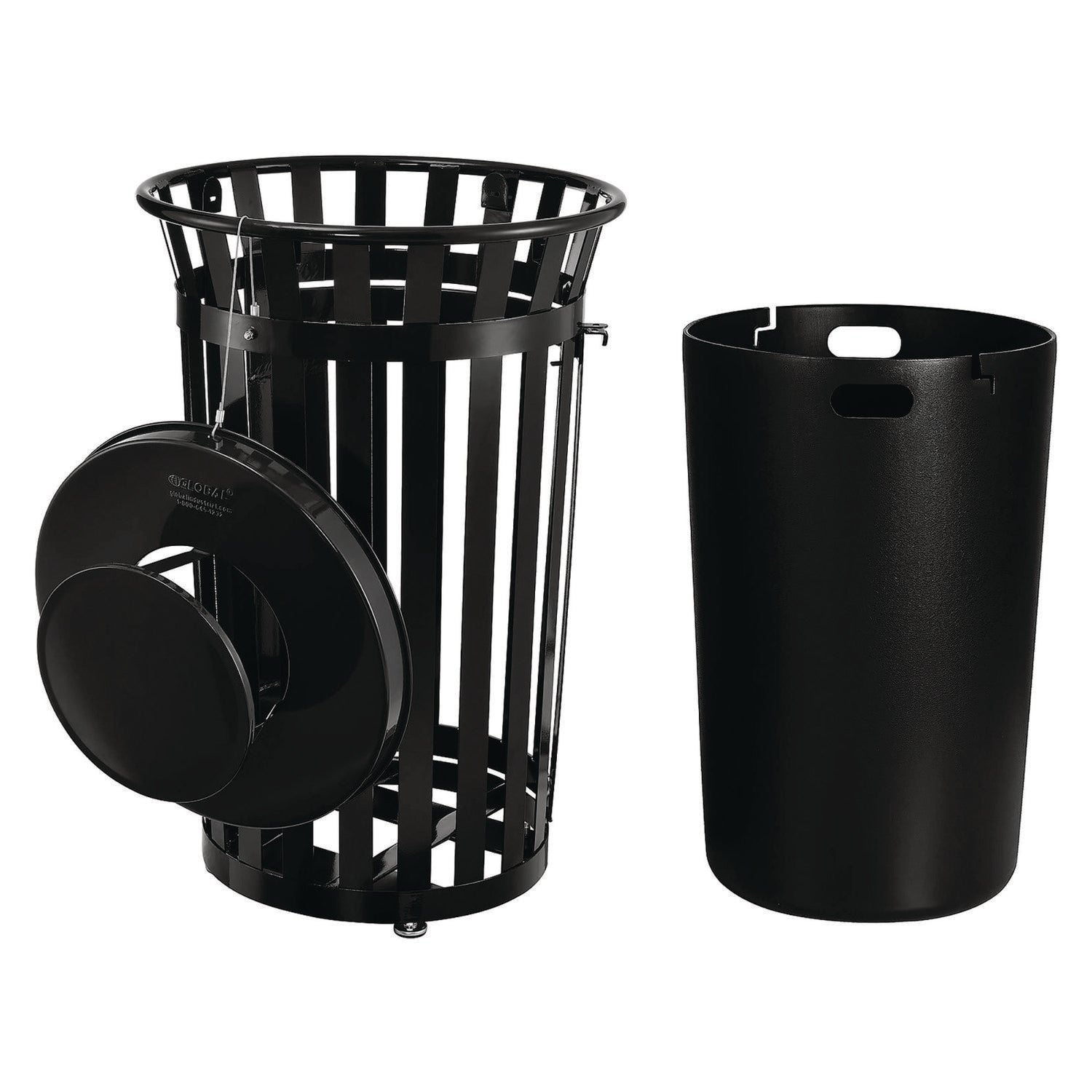 Outdoor Slatted Steel Trash Can, With Access Door and Rain Bonnet Lid, 36 gal, Black