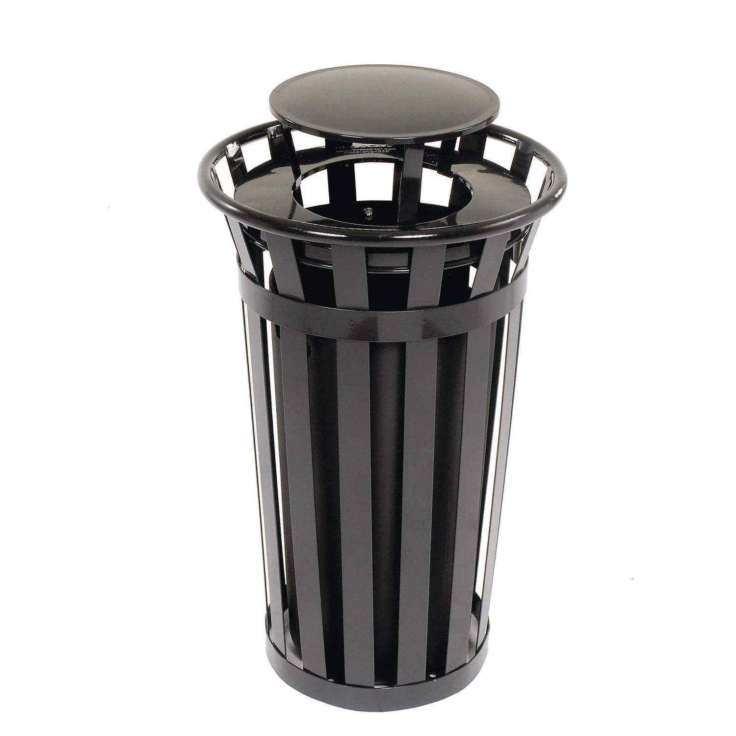 Outdoor Slatted Steel Trash Can, Rain Bonnet Lid, 24 gal, Black