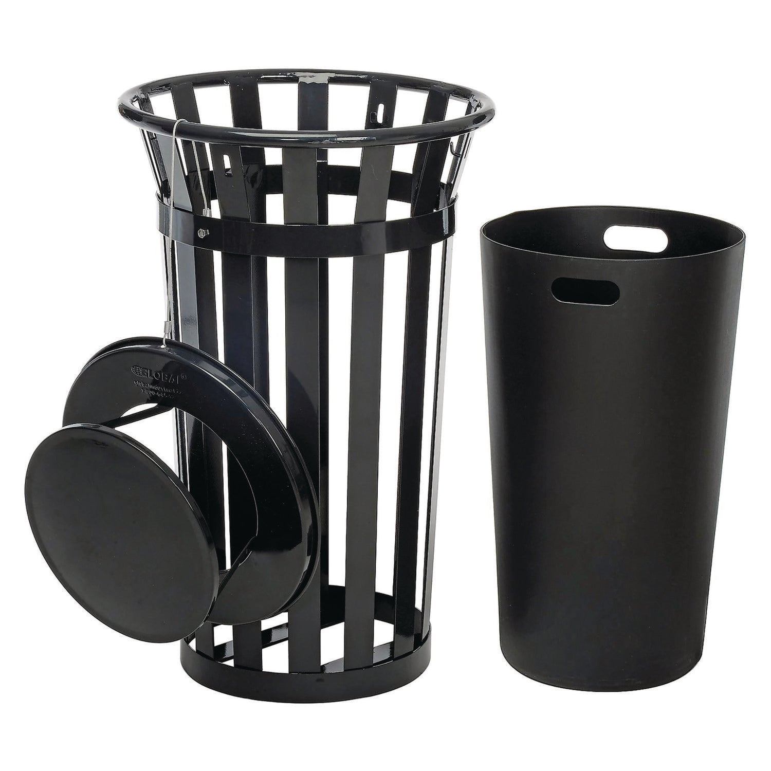 Outdoor Slatted Steel Trash Can, Rain Bonnet Lid, 24 gal, Black