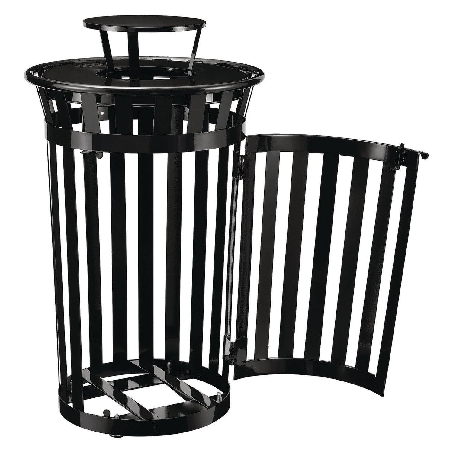 Outdoor Slatted Steel Trash Can, With Access Door and Rain Bonnet Lid, 36 gal, Black