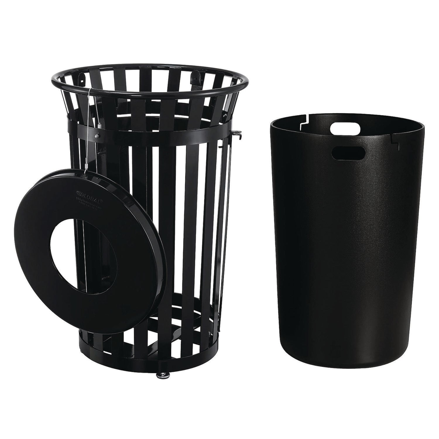 Outdoor Slatted Steel Trash Can, With Access Door, 36 gal, Steel Black
