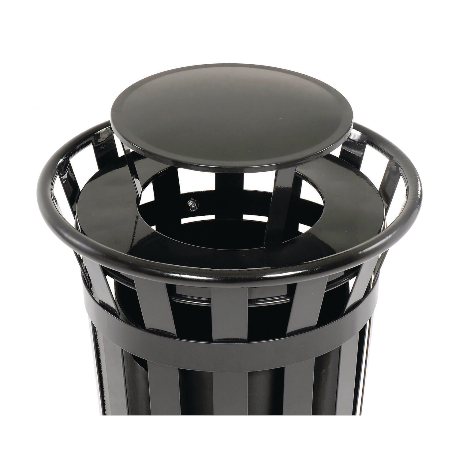 Outdoor Slatted Steel Trash Can, Rain Bonnet Lid, 24 gal, Black