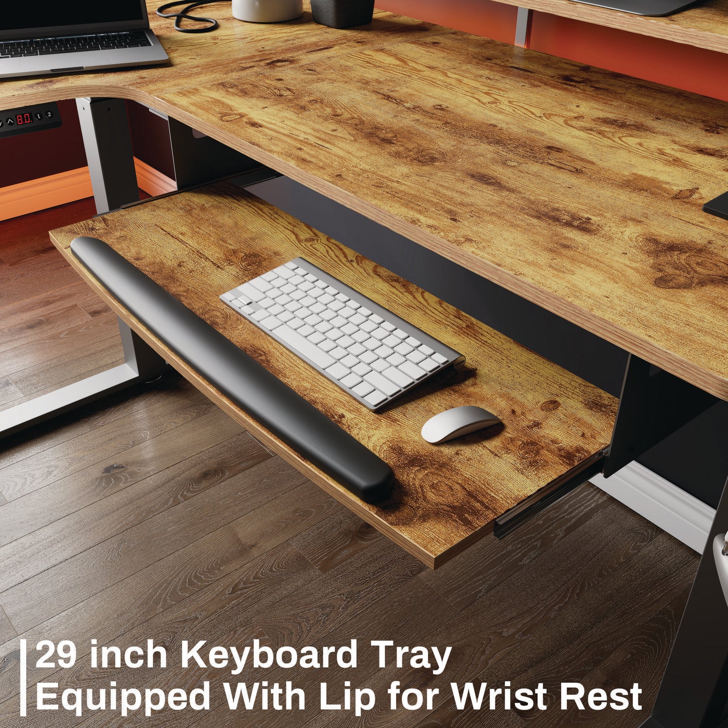 L-Shaped Standing Desk with Keyboard Tray, Left Desk, 61.25" x 43.25" x 34.38" to 52.88", Rustic Brown/Black