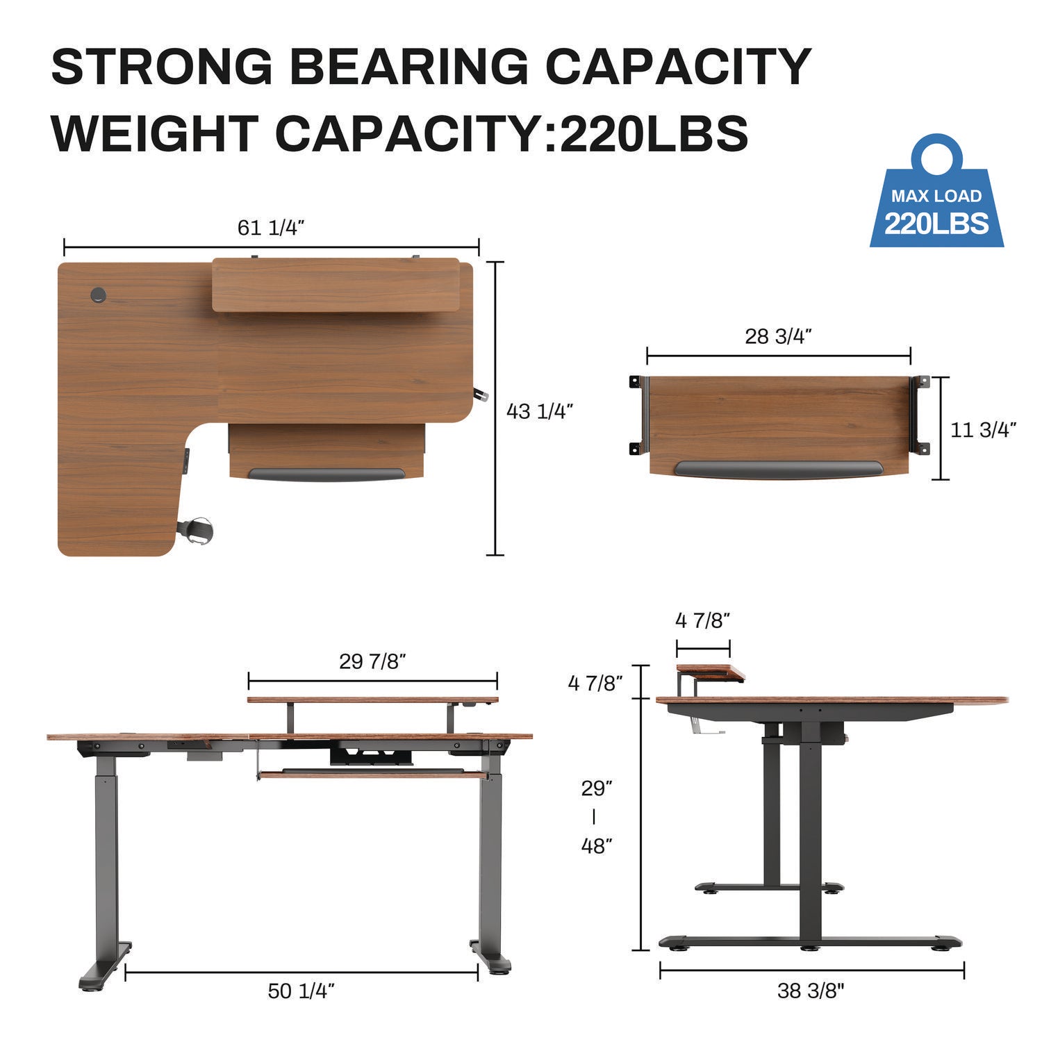 L-Shaped Standing Desk with Keyboard Tray, Left Desk, 61.25" x 43.25" x 34.38" to 52.88", Walnut/Black