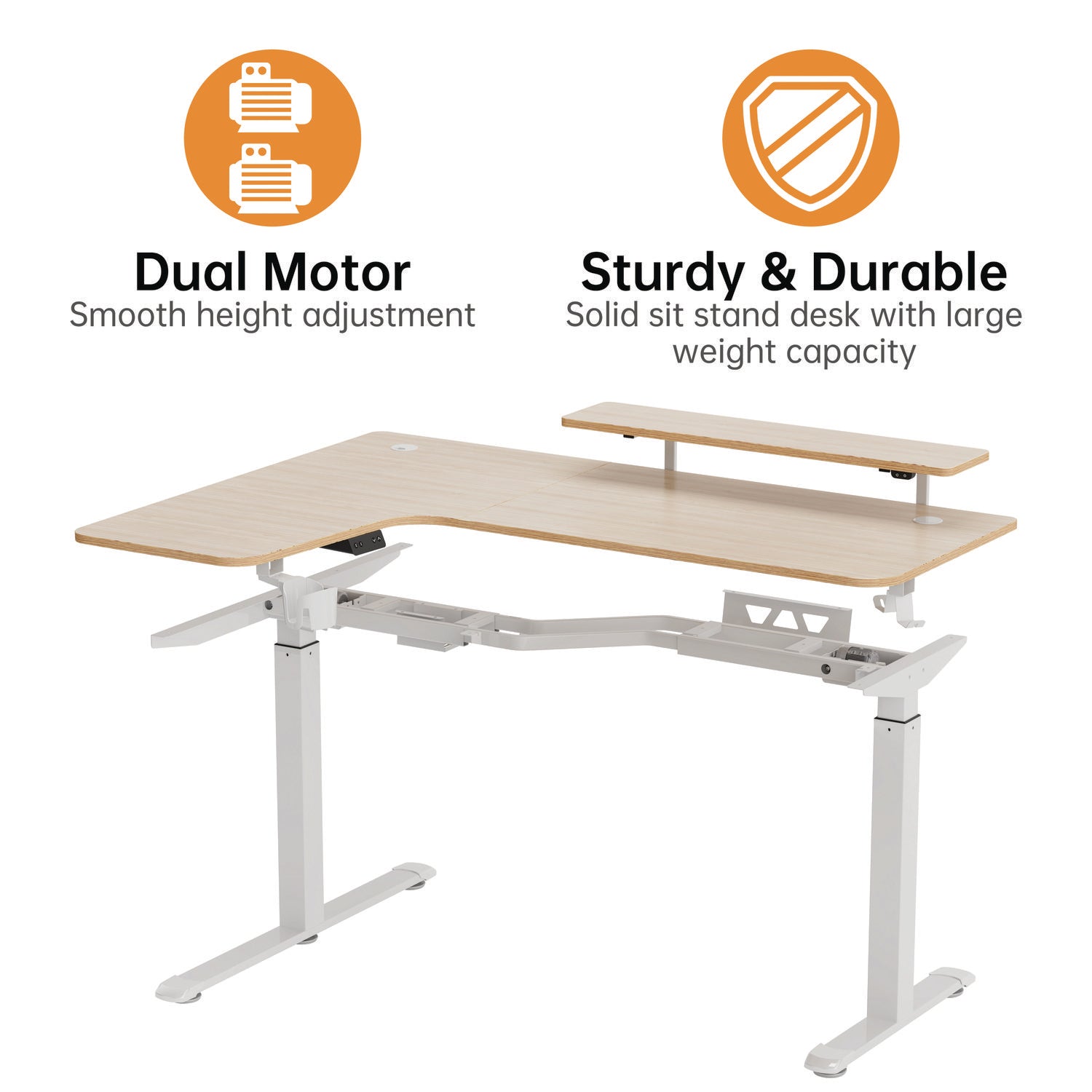 L-Shaped Standing Desk with Keyboard Tray, Left Desk, 61.25" x 43.25" x 34.38" to 52.88", Maple White/White