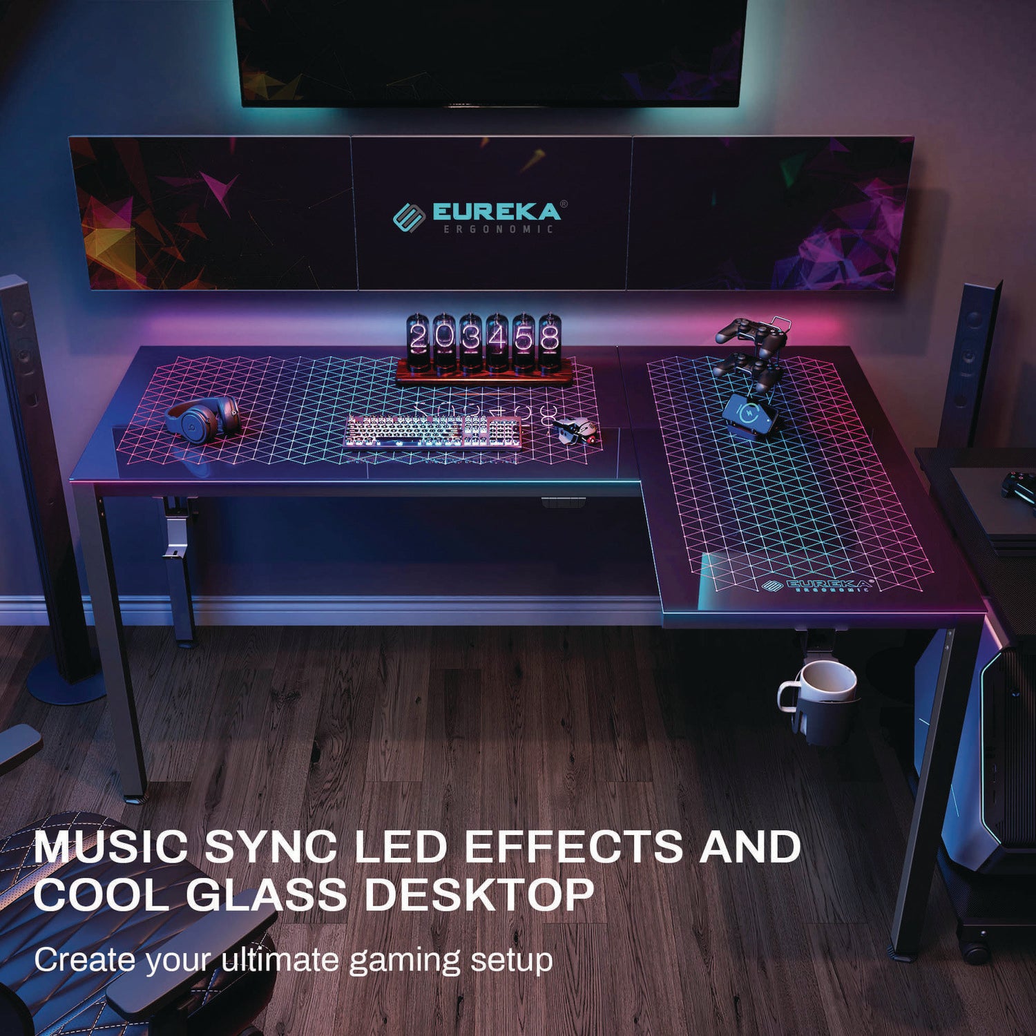 RGB LED Lights Glass Gaming Desk, 60" x 40.25" x 30", Black