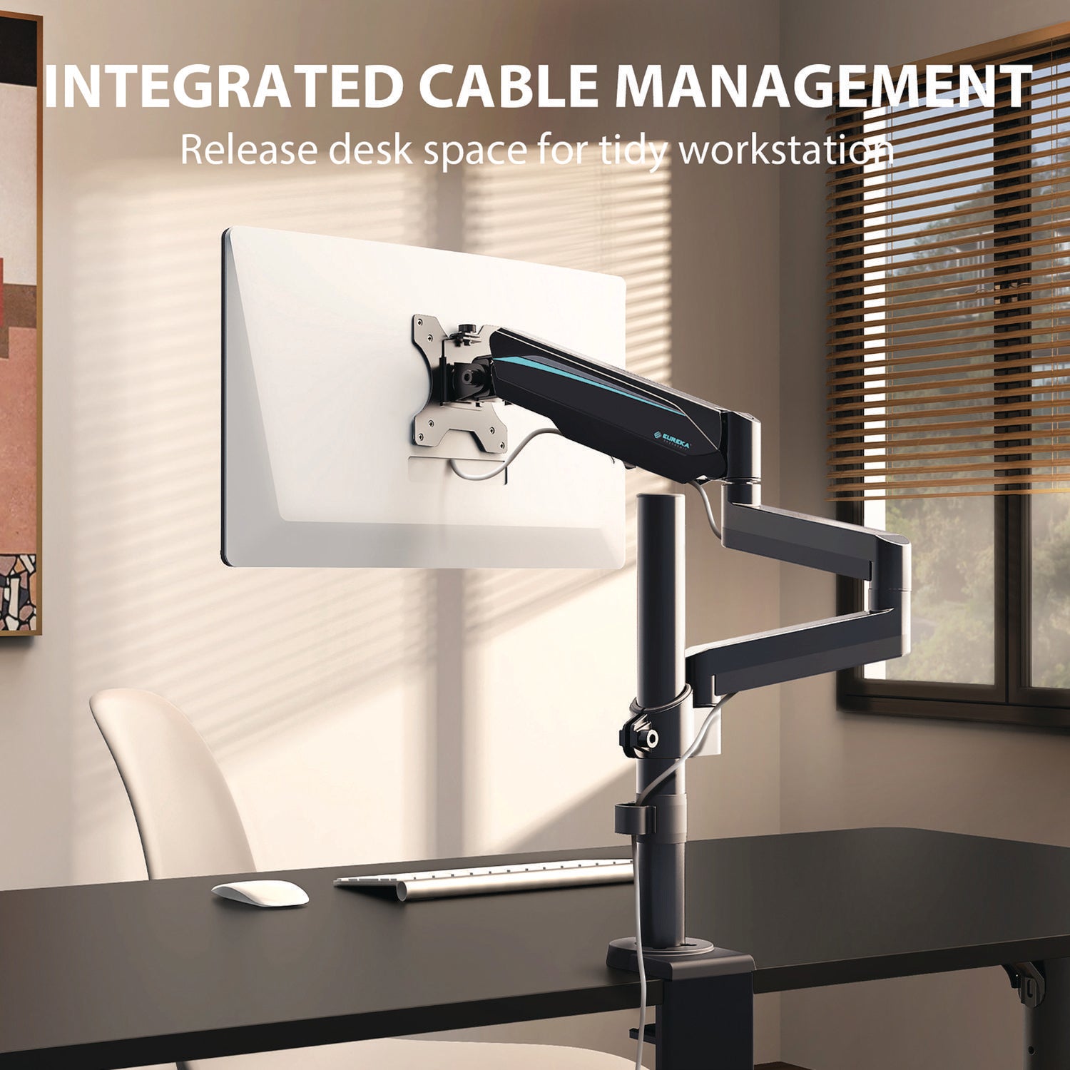 Single Monitor Arm, For 32" Monitors, 90 deg Rotation, 35 deg Tilt, 360 deg Pan, Black, Supports 17.6 lbs