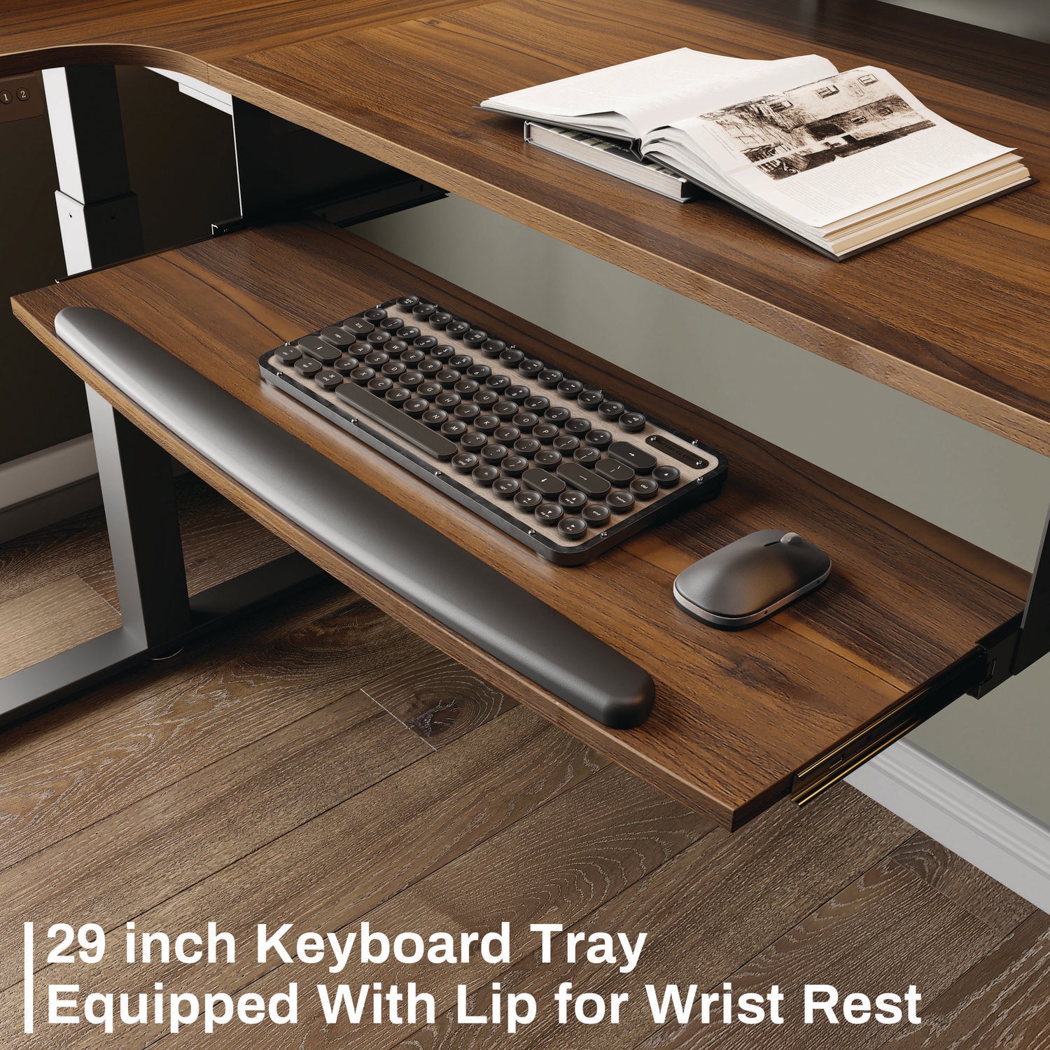 L-Shaped Standing Desk with Keyboard Tray, Left Desk, 61.25" x 43.25" x 34.38" to 52.88", Walnut/Black