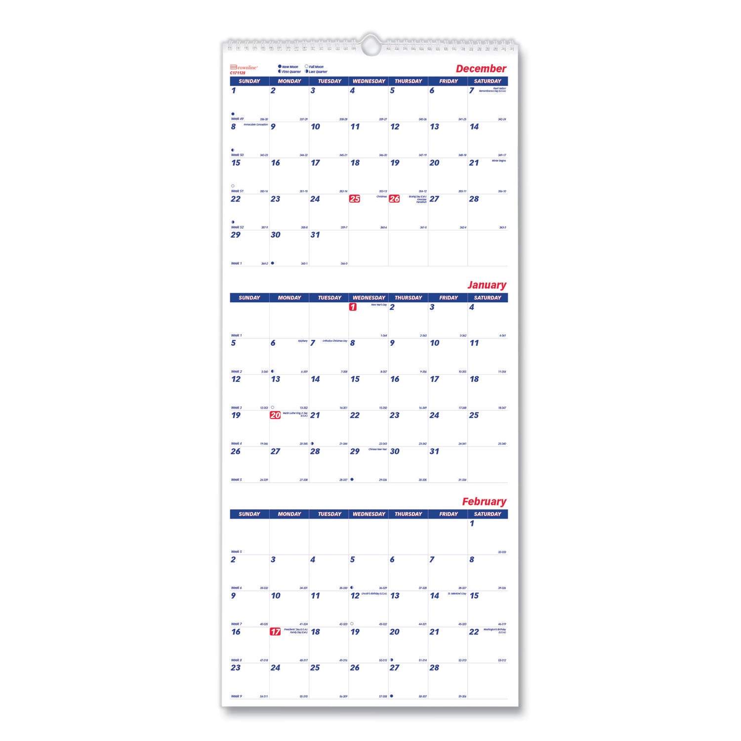 Monthly - 14 Month - December 2025 to January 2027 - 3 Month Single Page Layout - 12 1/4" x 27" Sheet Size - Wall Mount - White - Chipboard - Three Month Calendar, Daily Block, Reinforced Back, Moon Phases - 1 Each