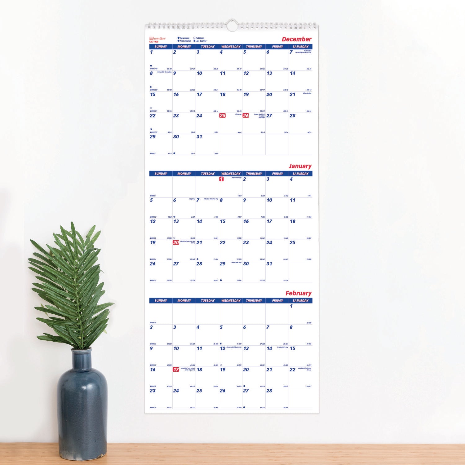 Monthly - 14 Month - December 2025 to January 2027 - 3 Month Single Page Layout - 12 1/4" x 27" Sheet Size - Wall Mount - White - Chipboard - Three Month Calendar, Daily Block, Reinforced Back, Moon Phases - 1 Each