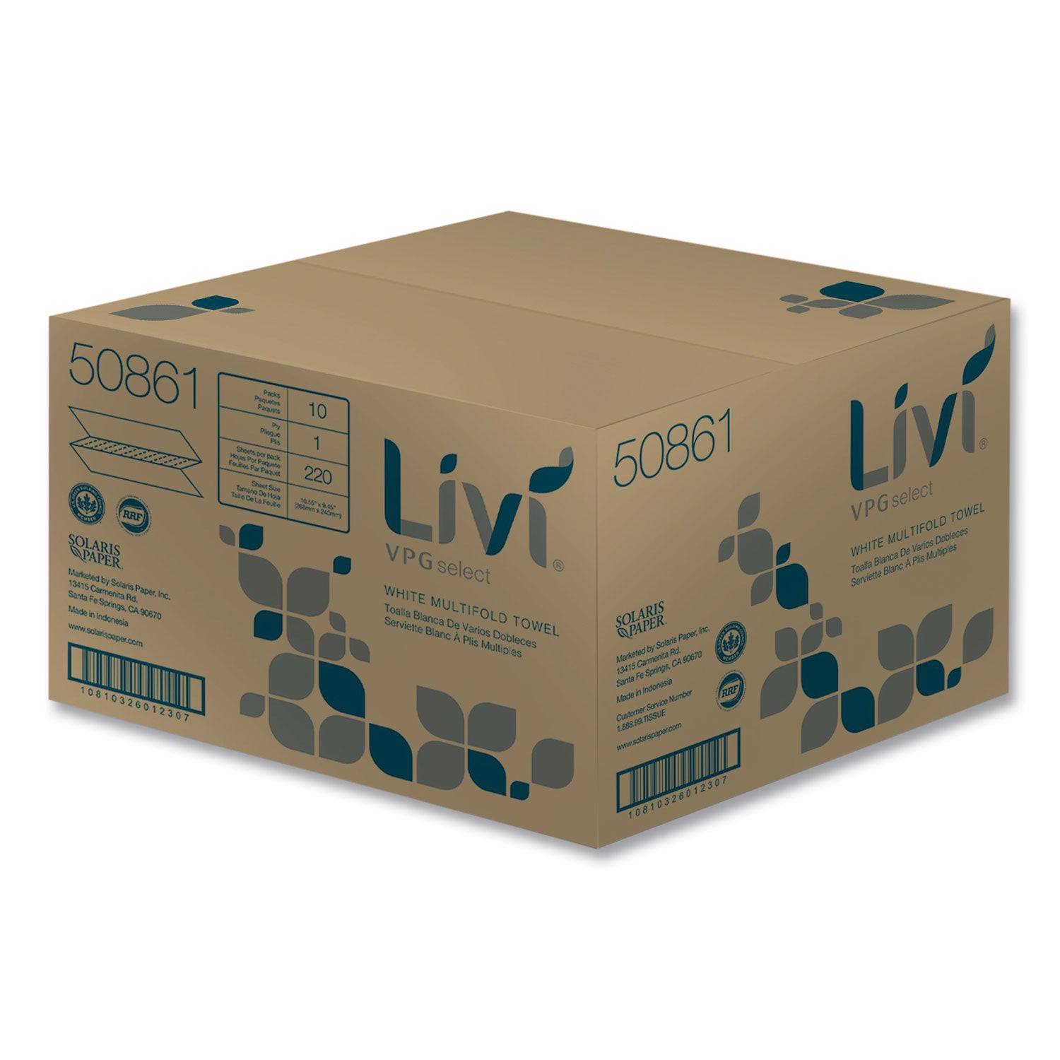 1 Ply - Multifold - 9.45" Width x 10.55" Length - White - Virgin Fiber - 220/Pack - 10 / Carton
