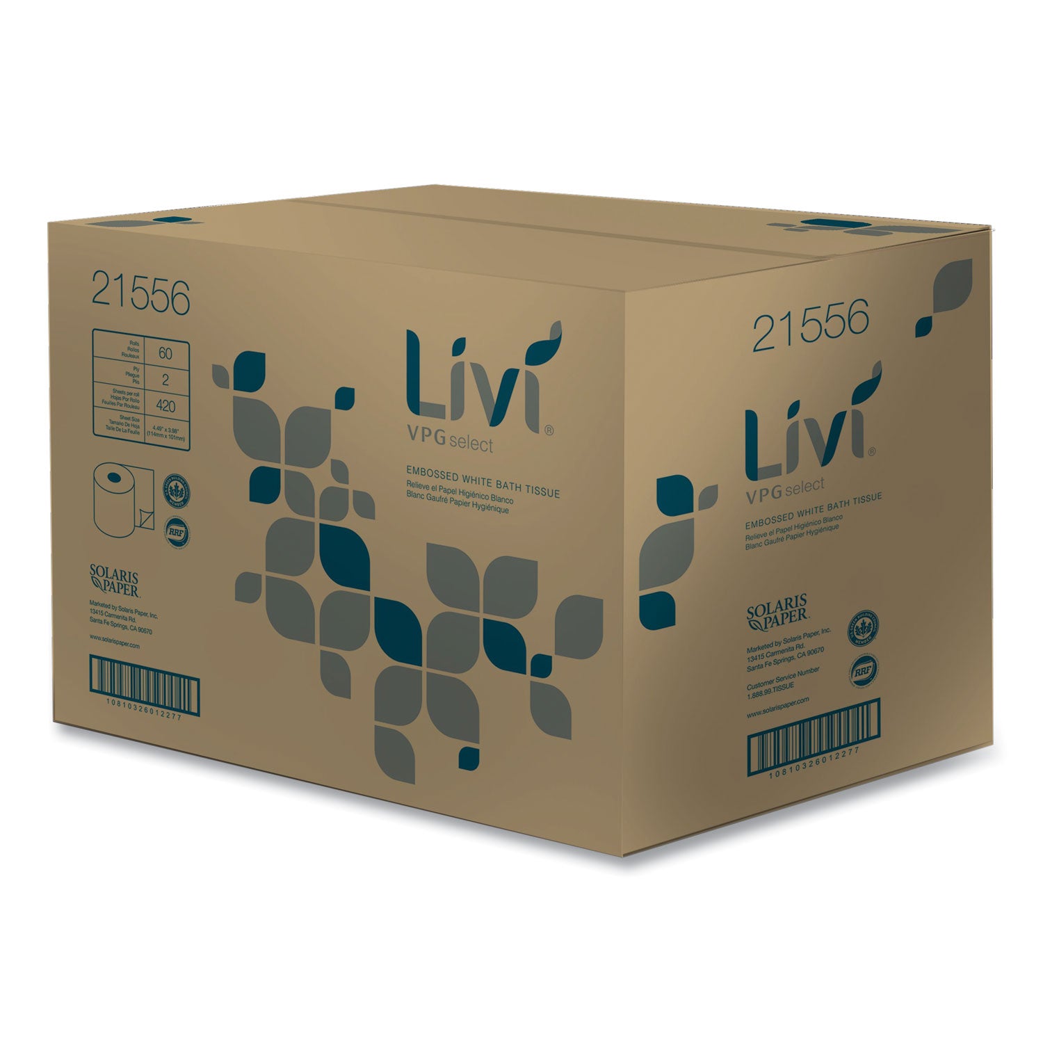 Livi VPG Select Bath Tissue - 2 Ply - 4.48" Width x 3.98" Length - 420 Sheets/Roll - Embossed - Bright White - Virgin Fiber - 60 / Carton