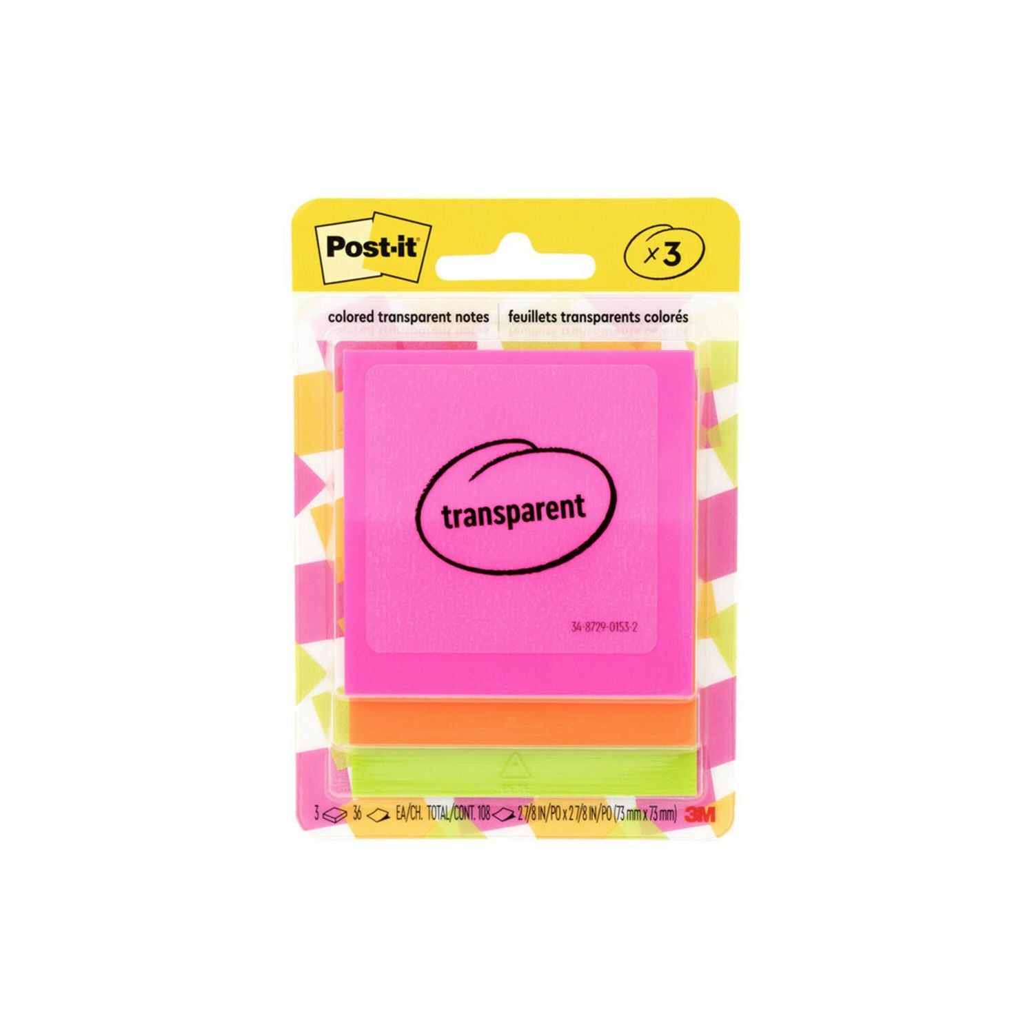2 4/5" Flag/Note Width x 2 4/5" Flag/Note Length - Square - 36 Sheets per Pad - Pink, Green, Orange - Sticky, Repositionable, Adhesive, Removable - 1 Pack