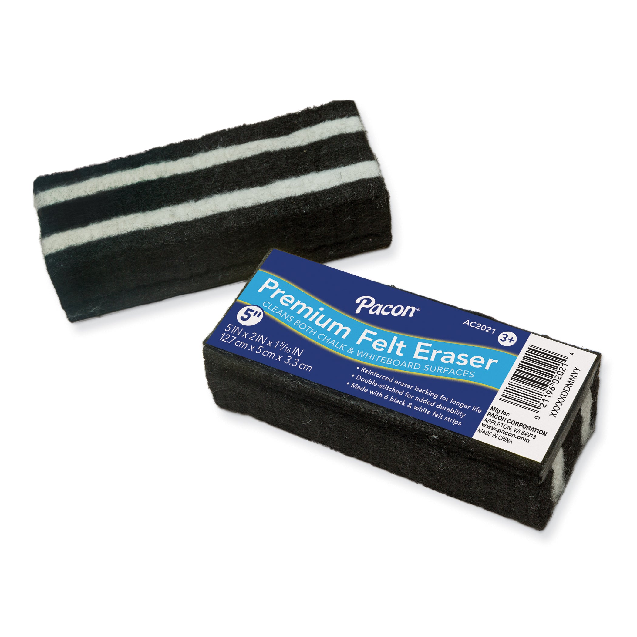 Premium Chalk & Whiteboard Eraser, 6 Black & White Felt Strips, Double-Stitched, Reinforced Backing, 5", Pack of 3