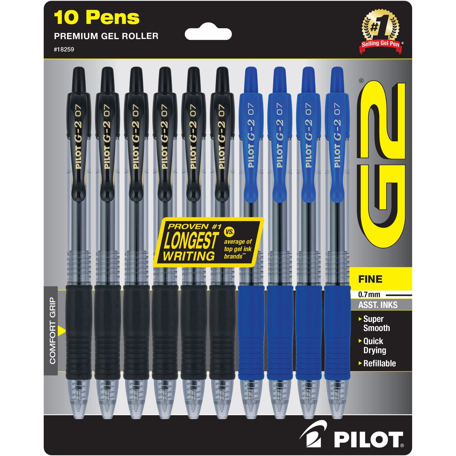 Pilot Premium Gel Ink Retractable Pen, 0.7 mm Fine Point, Refillable, Assorted Ink, 10 Pack