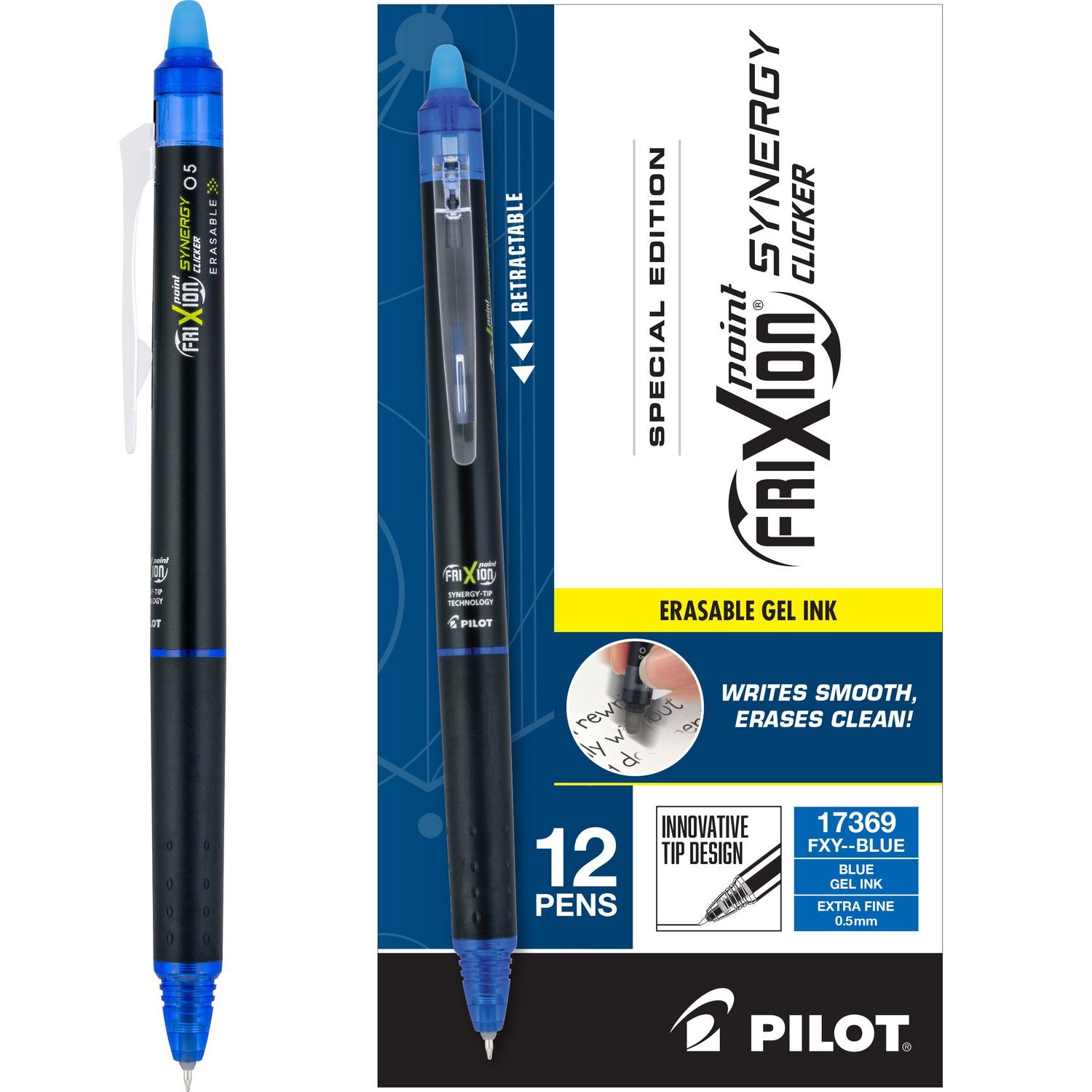 FriXion Erasable Gel Pens, 0.5 mm Extra Fine, Retractable, Blue Ink, 1 Dozen