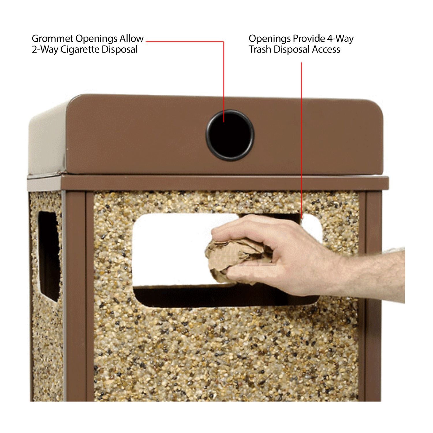 Stone Panel All Weather Trash Receptacle Urn, 24 gal, Steel, Brown