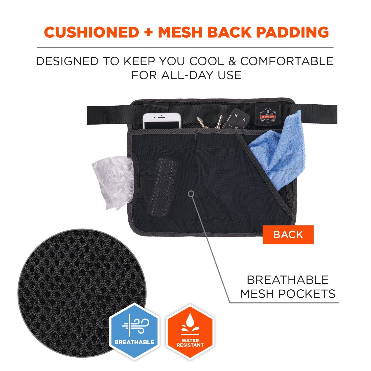 Water Resistant Exterior, Abrasion Resistant Exterior, Water Proof, Water Resistant, Abrasion Resistant - Mesh, Nylon, Polyester Body - Waistband, Belt Clip, Ring - 13.5" Height x 11" Width - 1 Each