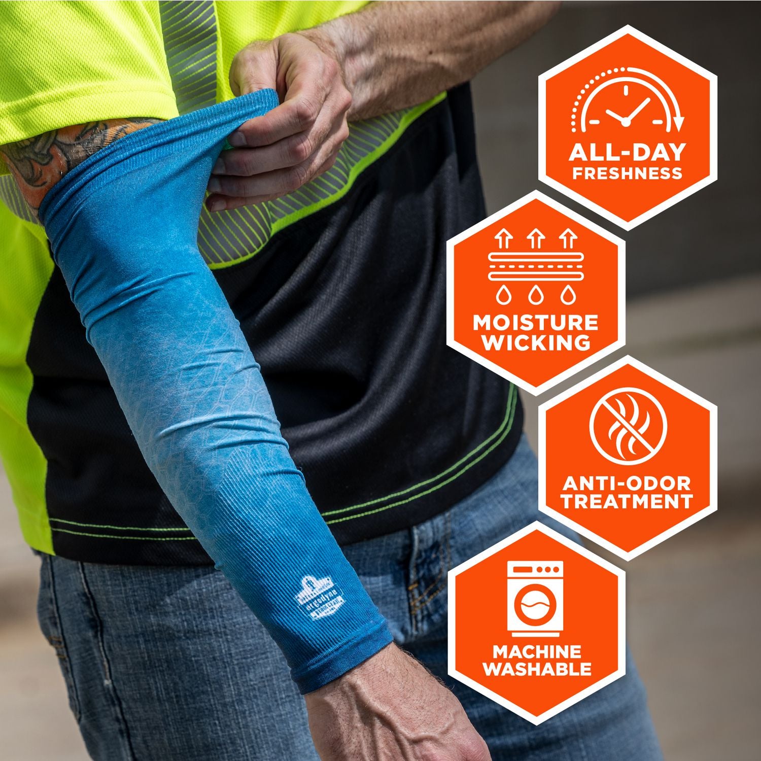 Ergodyne 6695 Sun Protection Arm Sleeves, Blue, UV Protection, Moisture Wicking, Stretchable, Machine Washable, 2 Pair Pack, Size M/L
