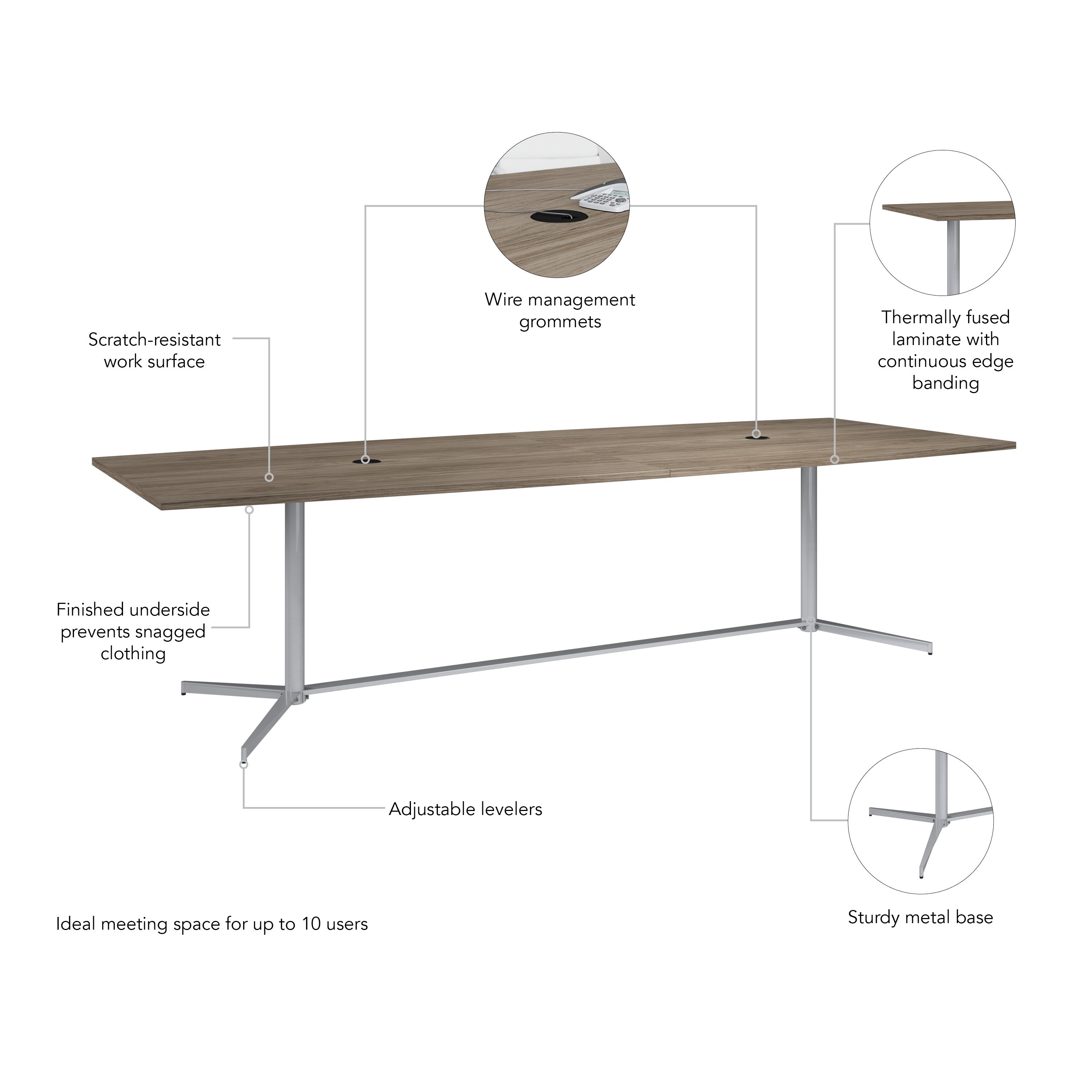 Bush Business Furniture 120-inch Office Conference Table with Metal Base in Modern Hickory - 119.21" Width x 47.51" Depth x 28.65" Height