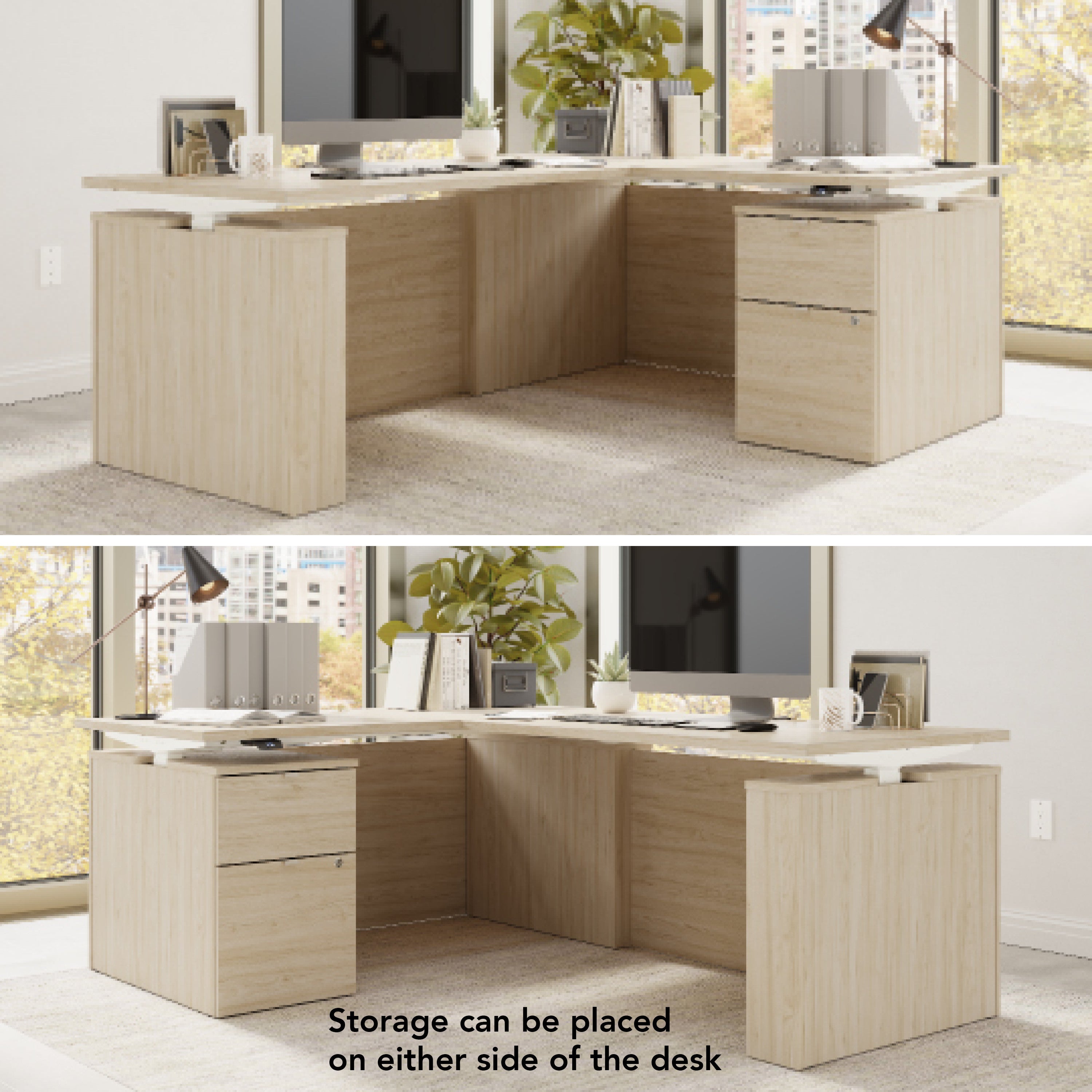 Bush Business Furniture Stratus&nbsp;60W x&nbsp;78D Height Adjustable L Shaped Standing Desk with File Cabinet in Natural Elm with White Base - 59.45" Width x 76.97" Depth x 27.44" Height