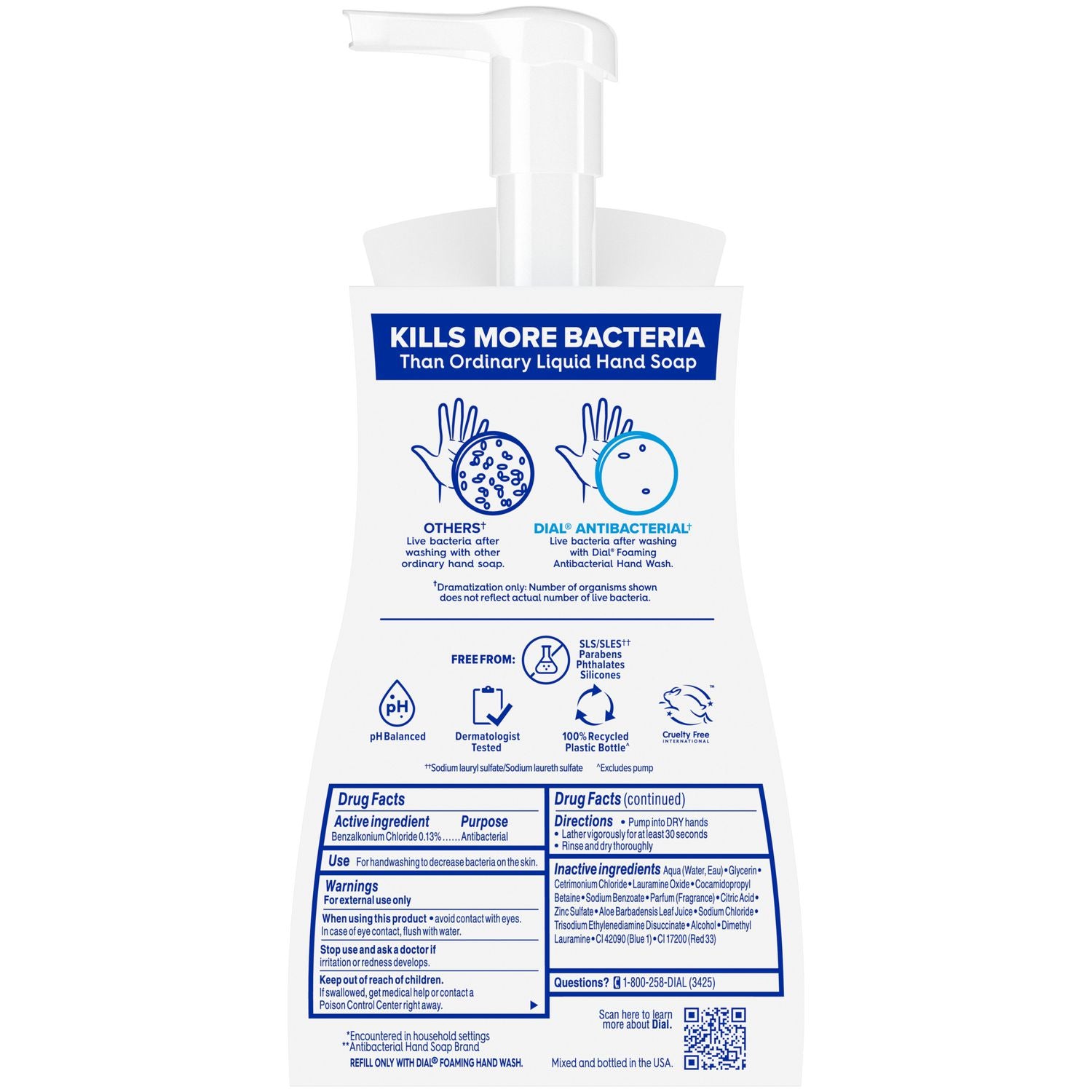 Dial Complete Spring Water Foaming Soap, Antibacterial, 10 fl oz Pump Bottle, Light Blue, Scented, pH Balanced, Paraben-free, Phthalate-free, Silicone-free, 1 Each