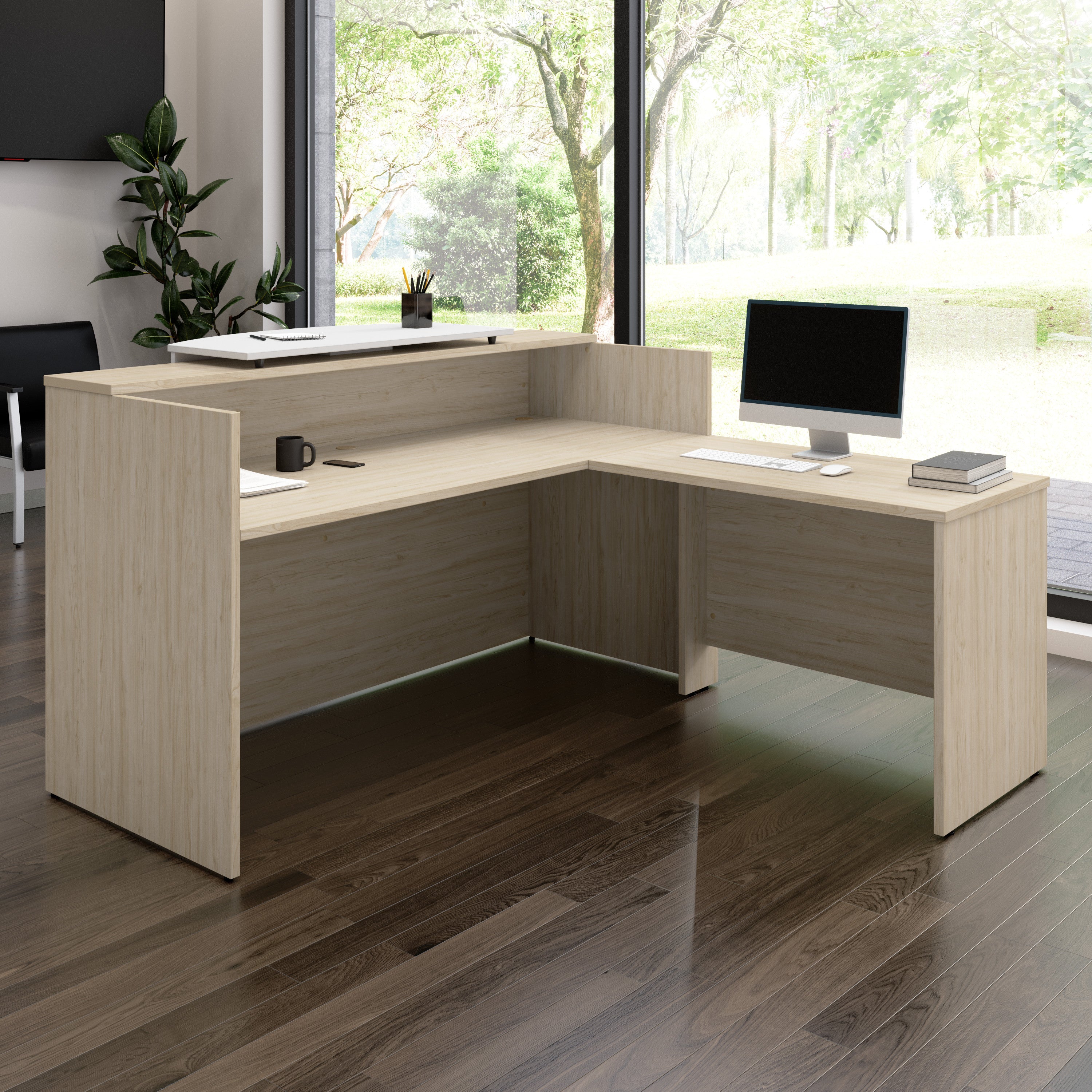 Bush Business Furniture Arrive 72W x 72D L Shaped Reception Desk with Counter in Natural Elm - 71.02" Width x 71.14" Depth x 40.35" Height