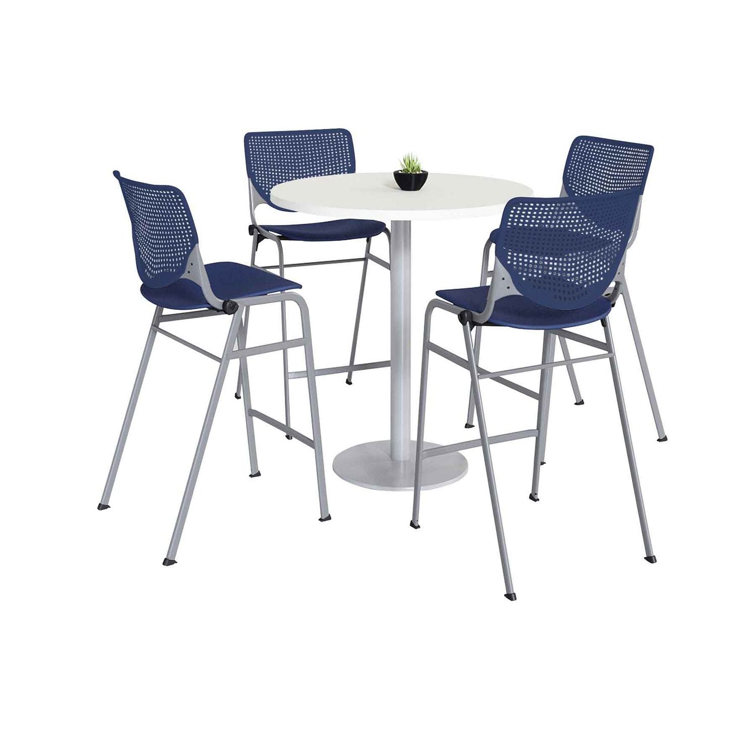Pedestal Bistro Table with Four Navy Kool Series Barstools, Round, 36" Dia x 41h, Designer White