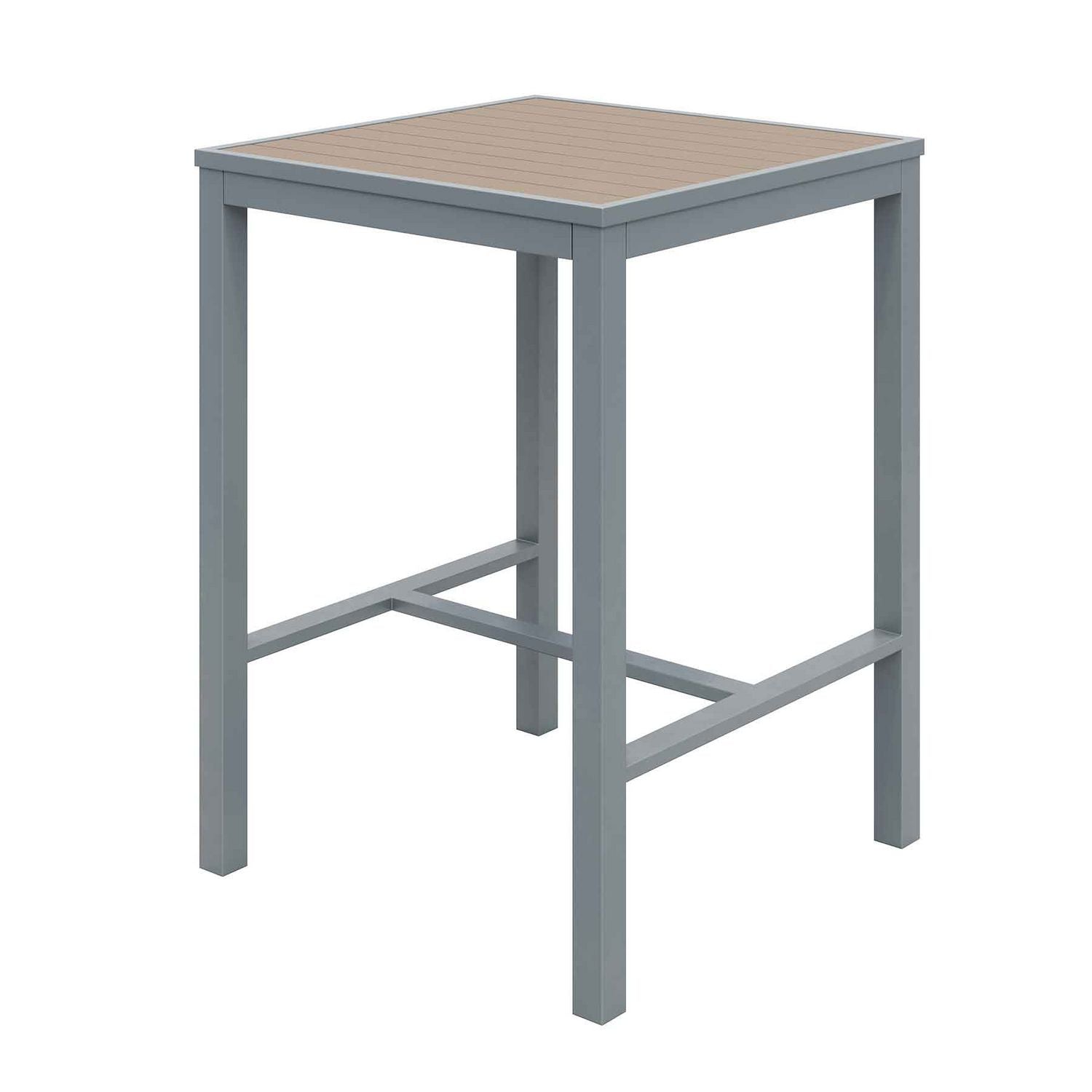 Eveleen Outdoor Bistro Patio Table with Two Mocha Powder-Coated Polymer Barstools, 30" Square, Mocha