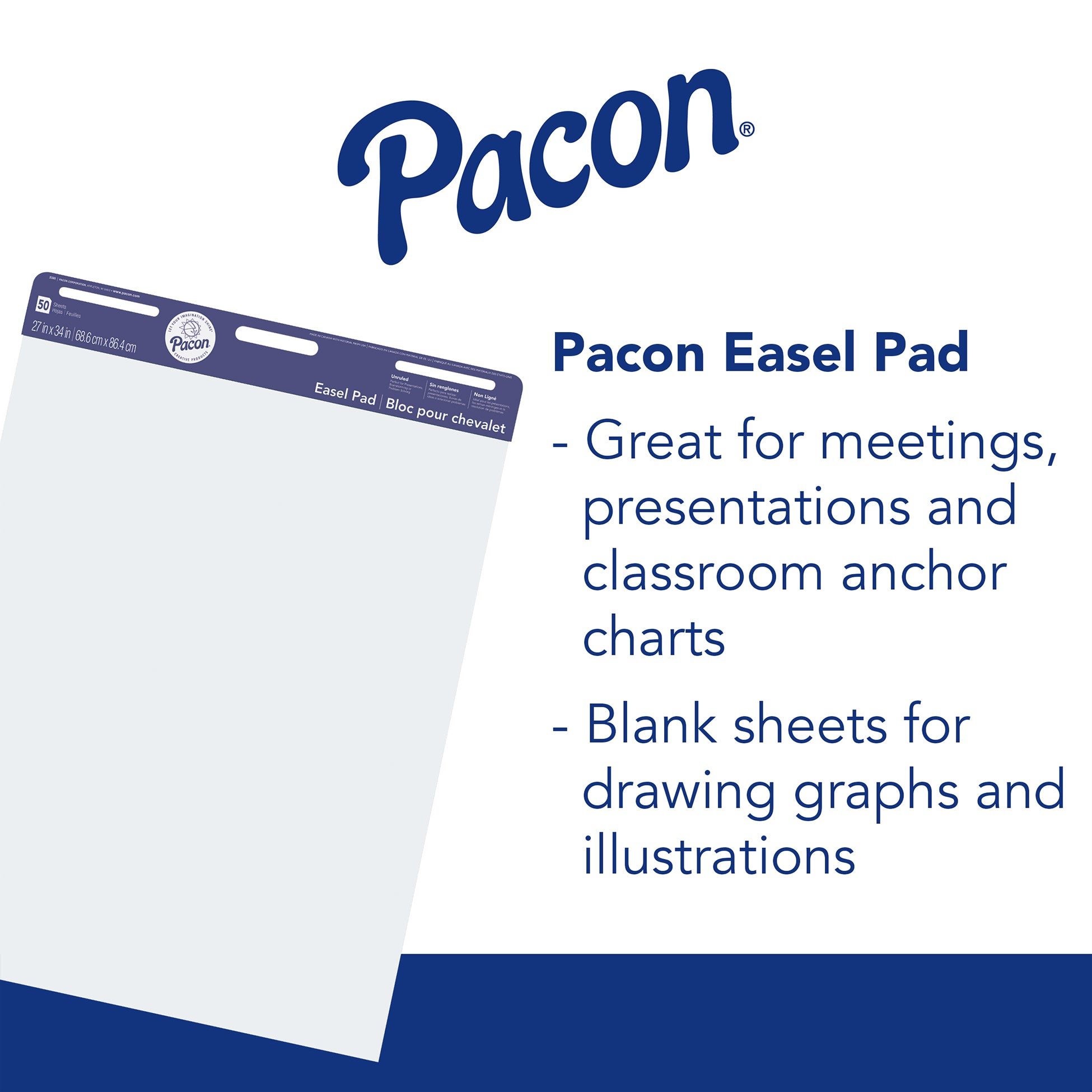 Easel Pad, Non-Adhesive, White, Unruled 27" x 34", 50 Sheets