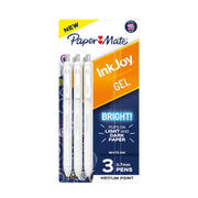 Paper Mate InkJoy Gel Bright! Pens, 0.7mm Medium Point, Retractable, White Ink, Gel-Based, 3 Pack