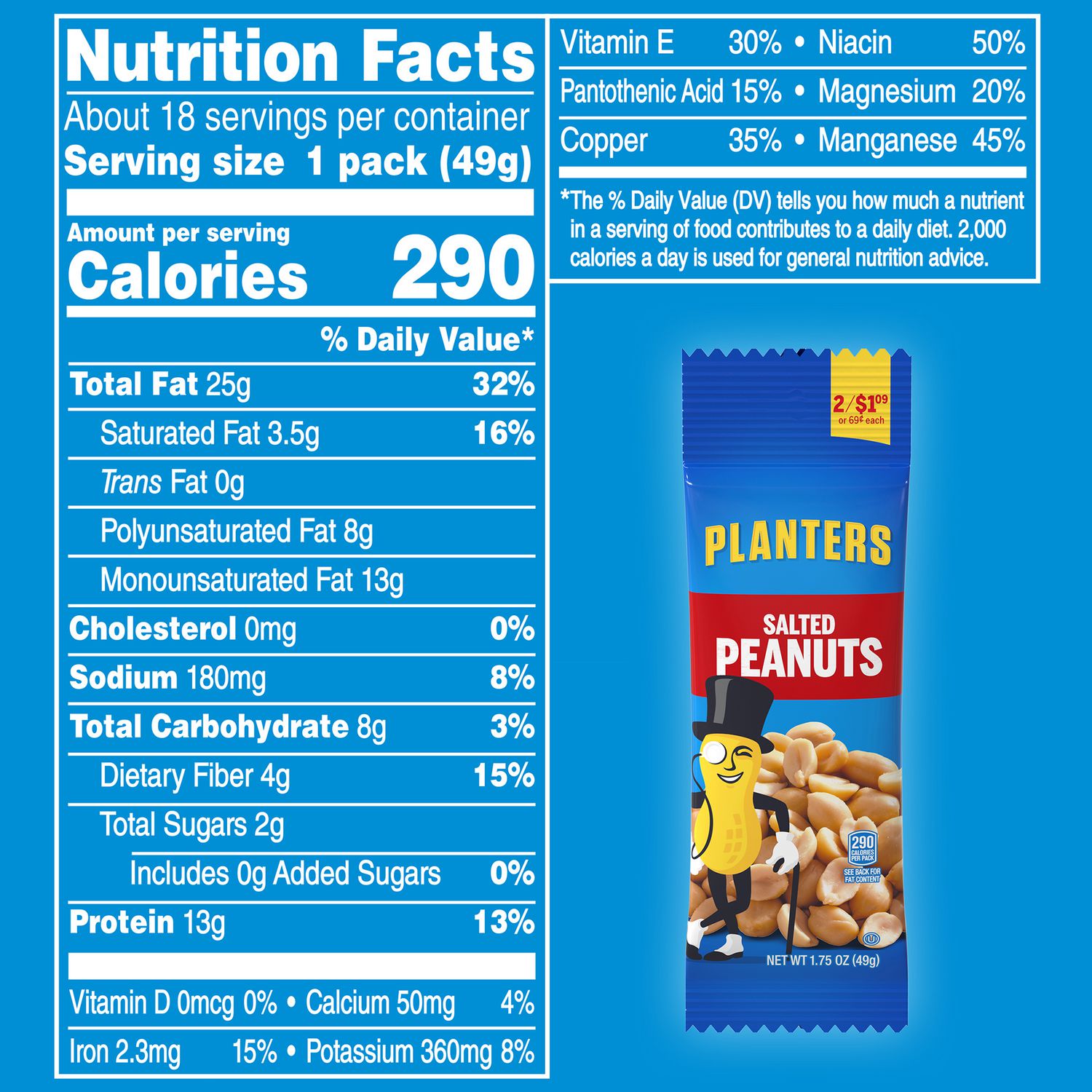 Green Rabbit Planters Salted Peanuts, Salted Classic Flavor, 1.75 oz Packs, 18 Packs per Bag, 2 Bags per Carton