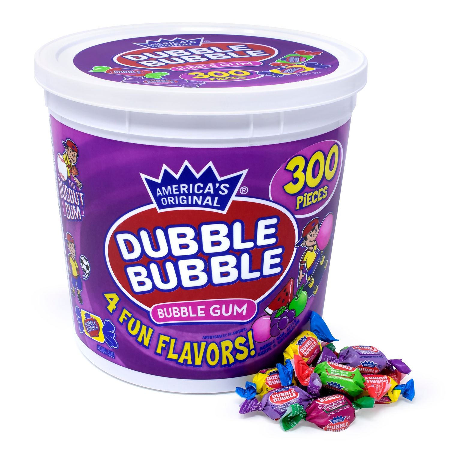 Bubble Gum, Watermelon, Grape, Sour Apple - Individually Wrapped - 0.16 oz - 300 /Tub - 2 / Carton