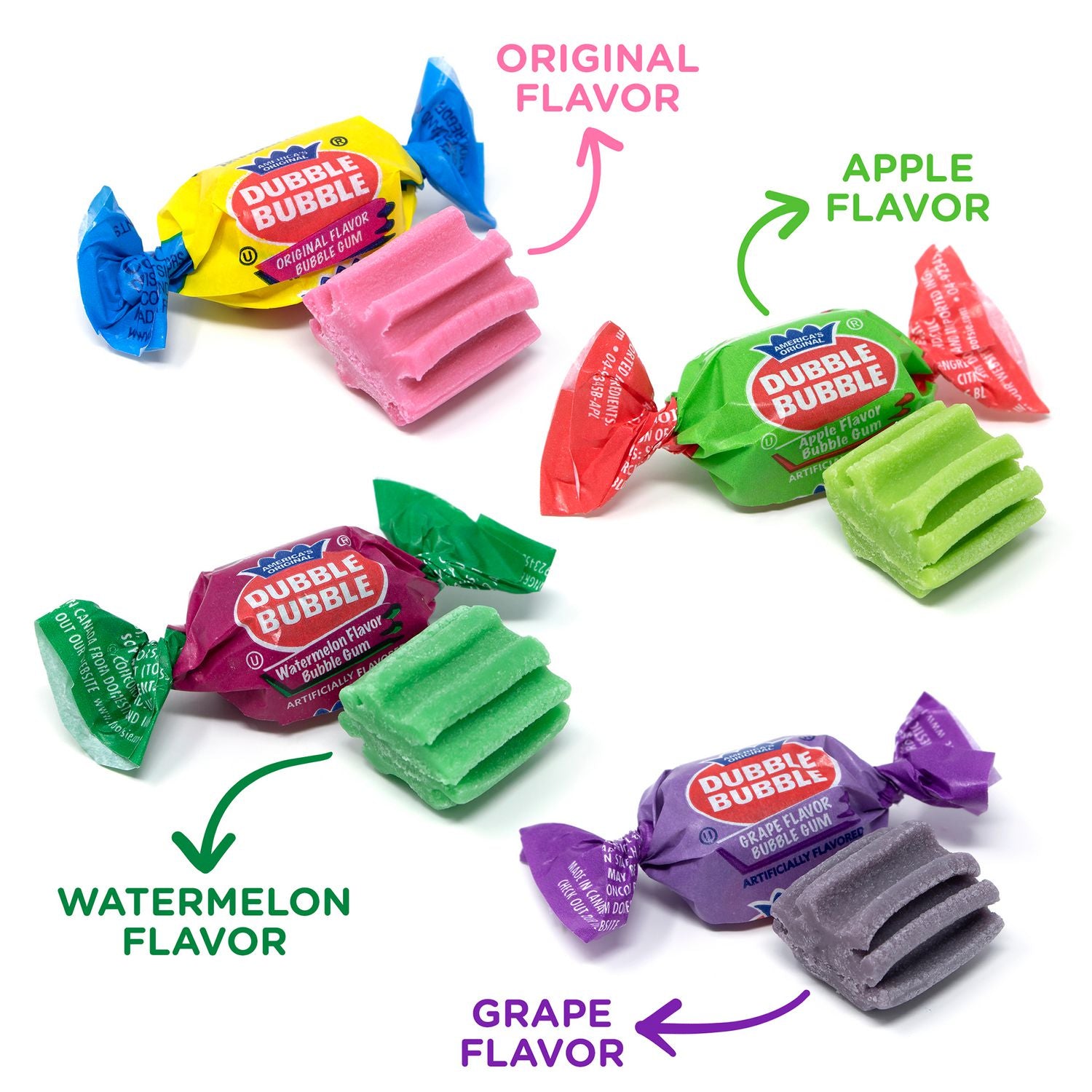 Bubble Gum, Watermelon, Grape, Sour Apple - Individually Wrapped - 0.16 oz - 300 /Tub - 2 / Carton
