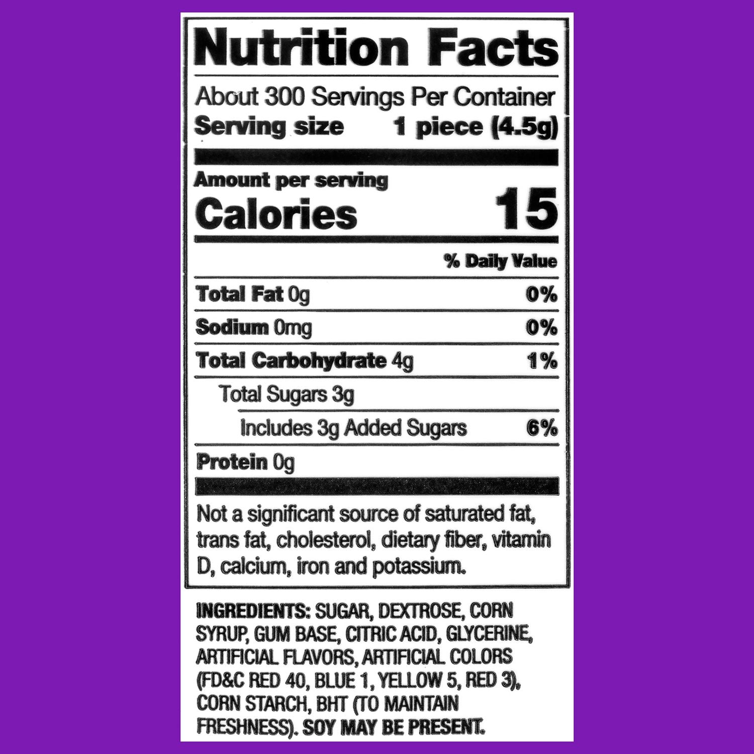 Bubble Gum, Watermelon, Grape, Sour Apple - Individually Wrapped - 0.16 oz - 300 /Tub - 2 / Carton