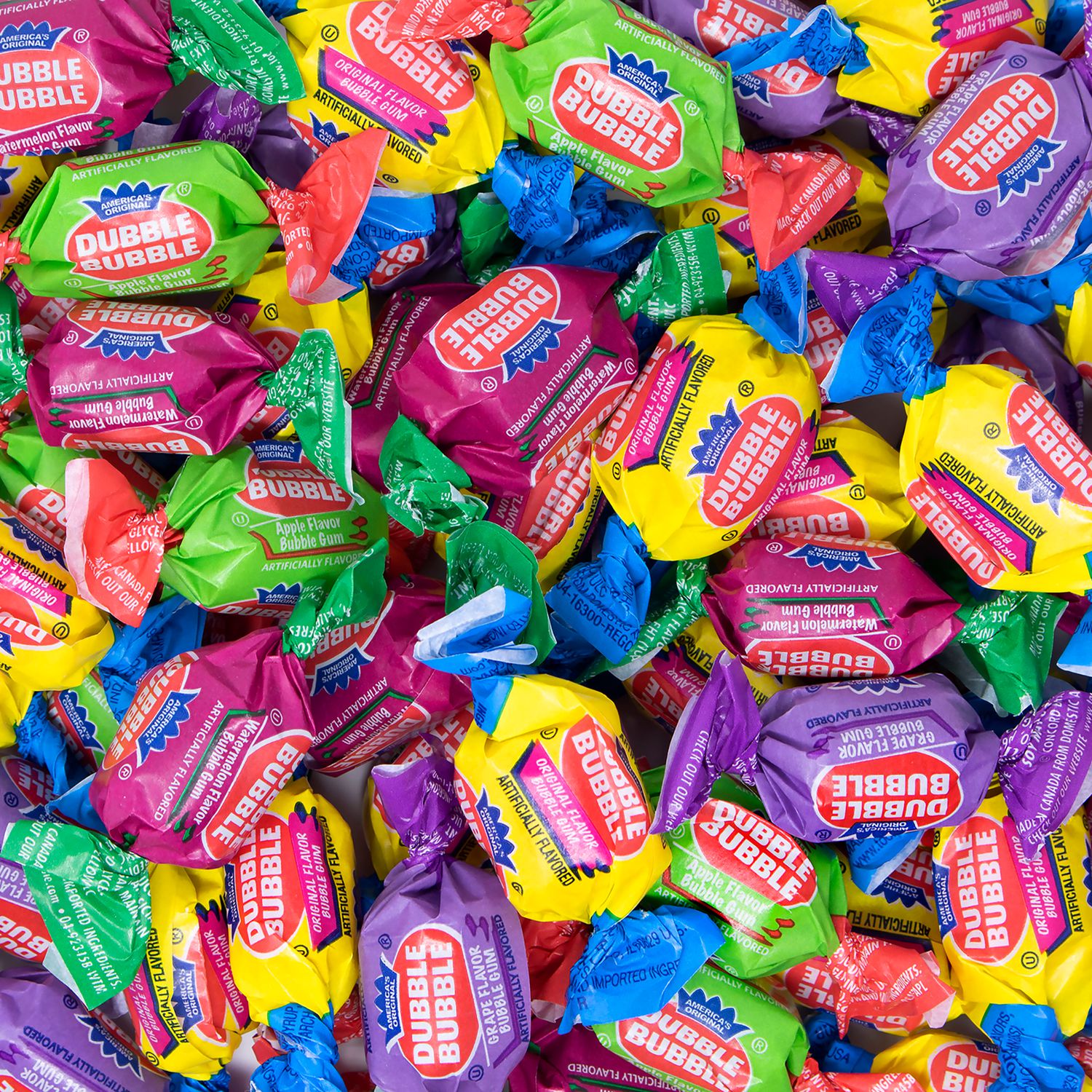 Bubble Gum, Watermelon, Grape, Sour Apple - Individually Wrapped - 0.16 oz - 300 /Tub - 2 / Carton
